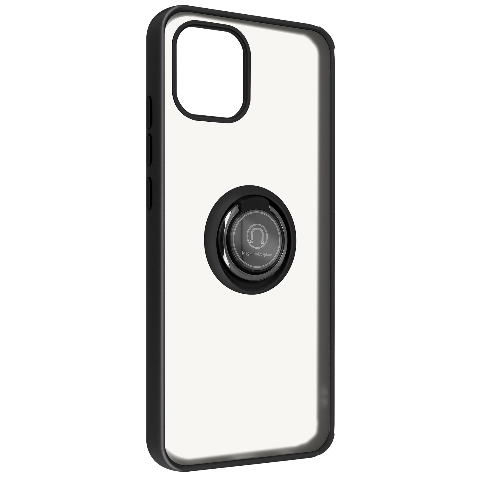Coque de téléphone transparente avec bords noirs et un support d'anneau noir.