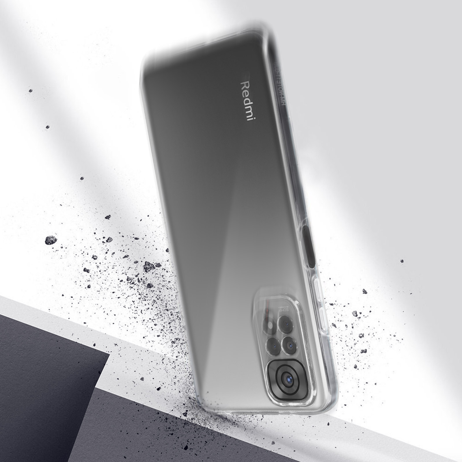Custodia trasparente per telefono Redmi. La custodia sta cadendo, con detriti intorno, su uno sfondo bianco e grigio.