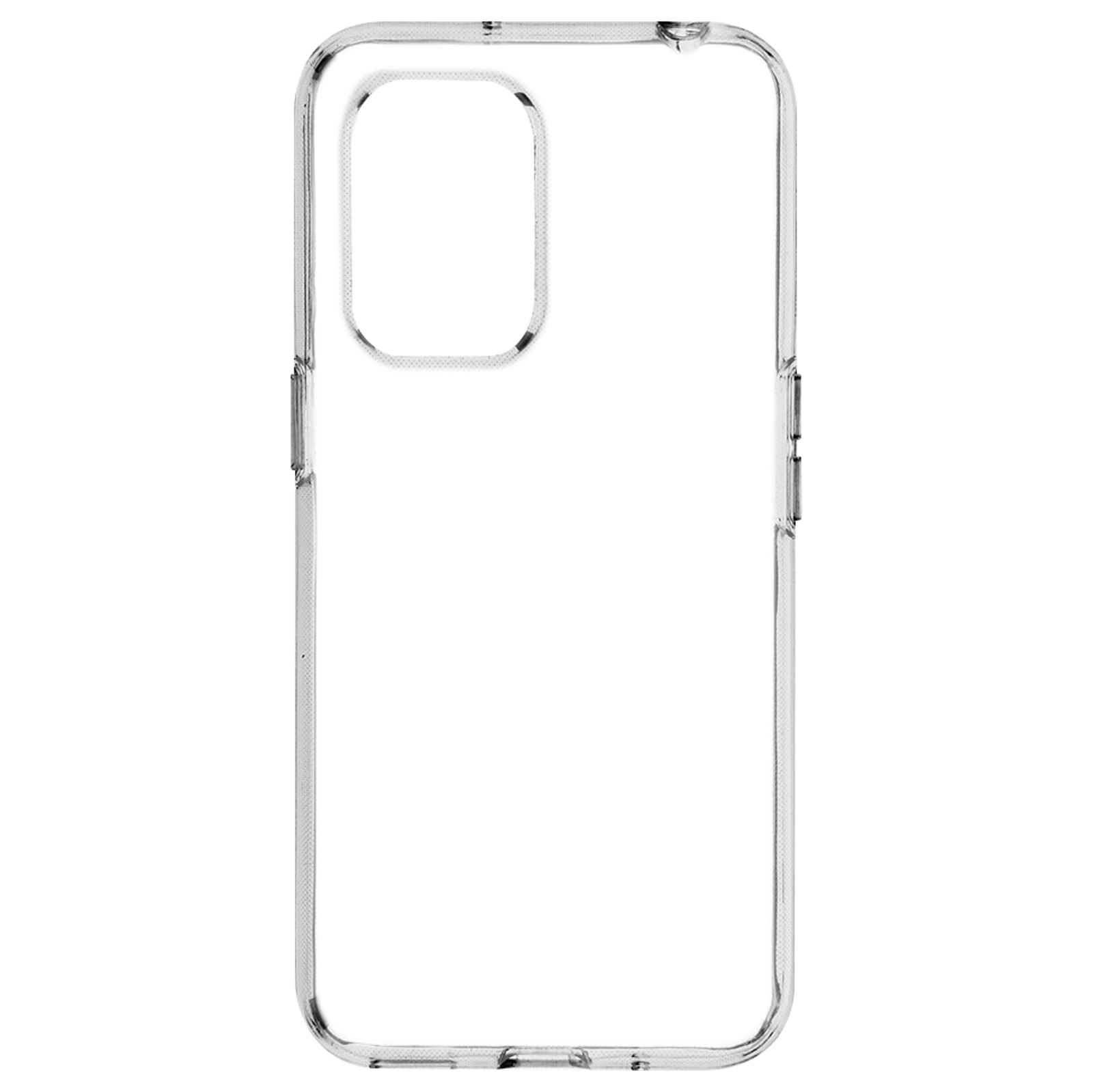 Custodia trasparente per telefono. Di forma rettangolare, trasparente, con fori per fotocamera e pulsanti.