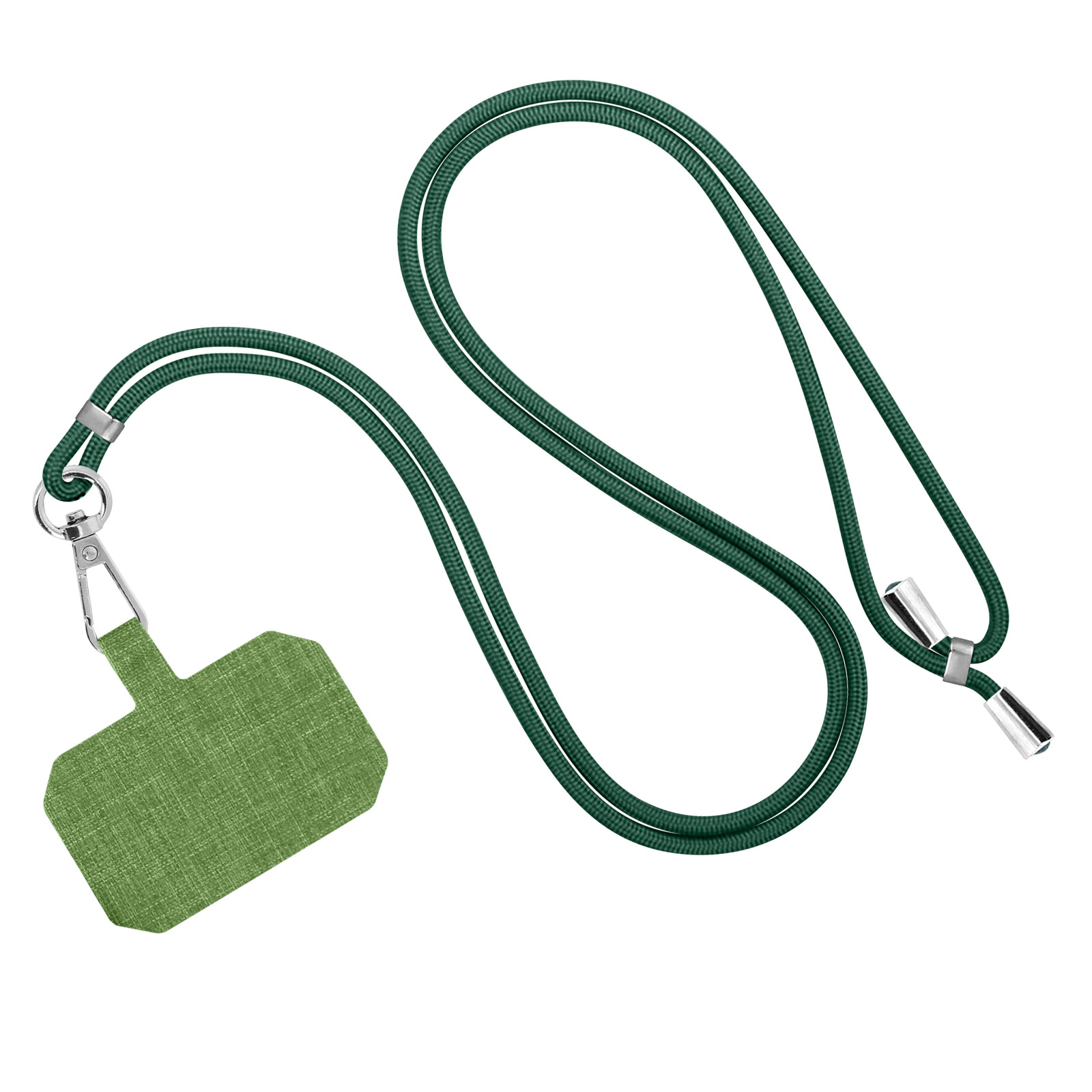 Un cordino verde per telefono con toppa in tessuto e chiusure argentate su sfondo bianco.