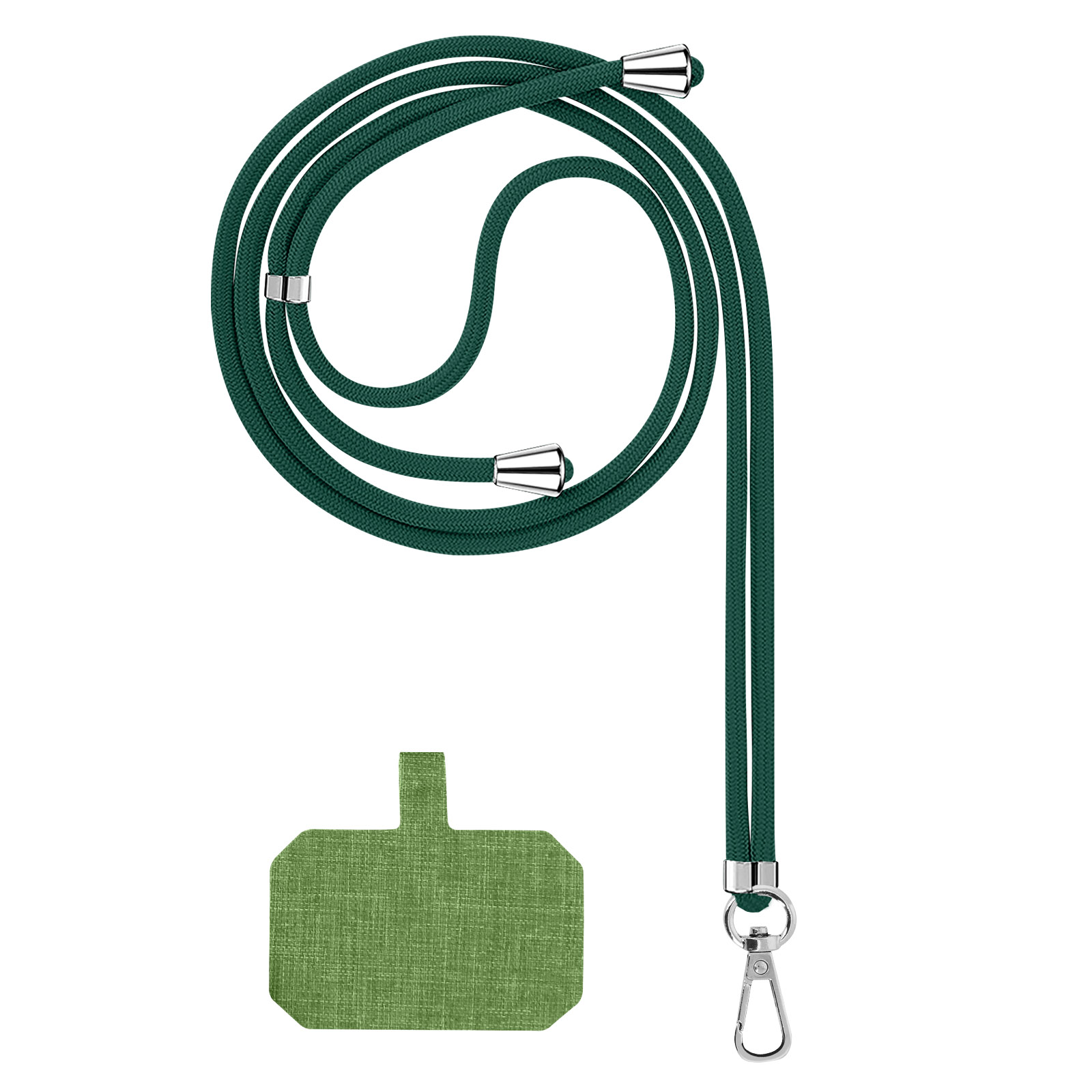 Laccio verde scuro per telefono con finiture argentate e inserto verde.