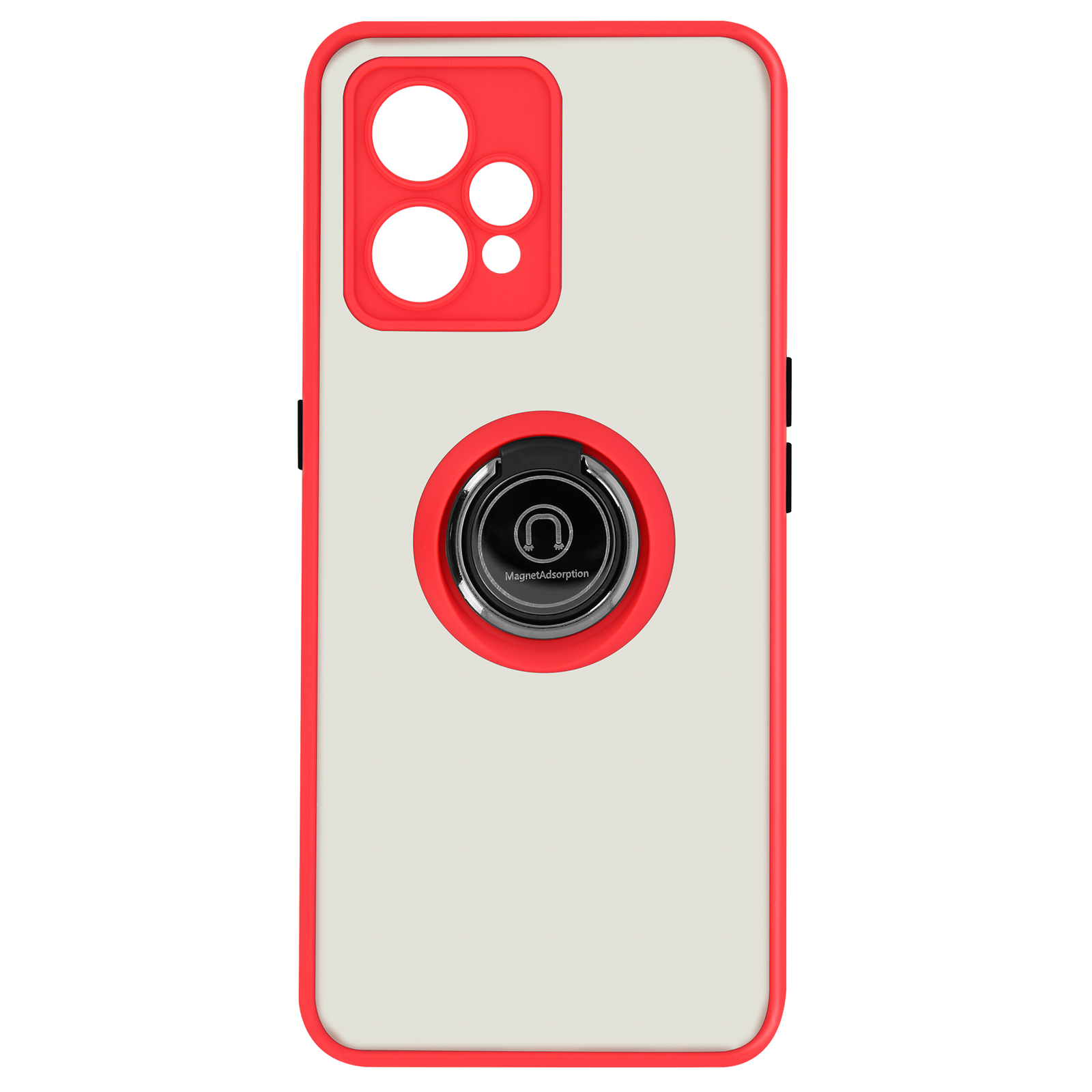 Custodia per telefono rossa e bianca con anello di supporto. Il retro della custodia è bianco.
