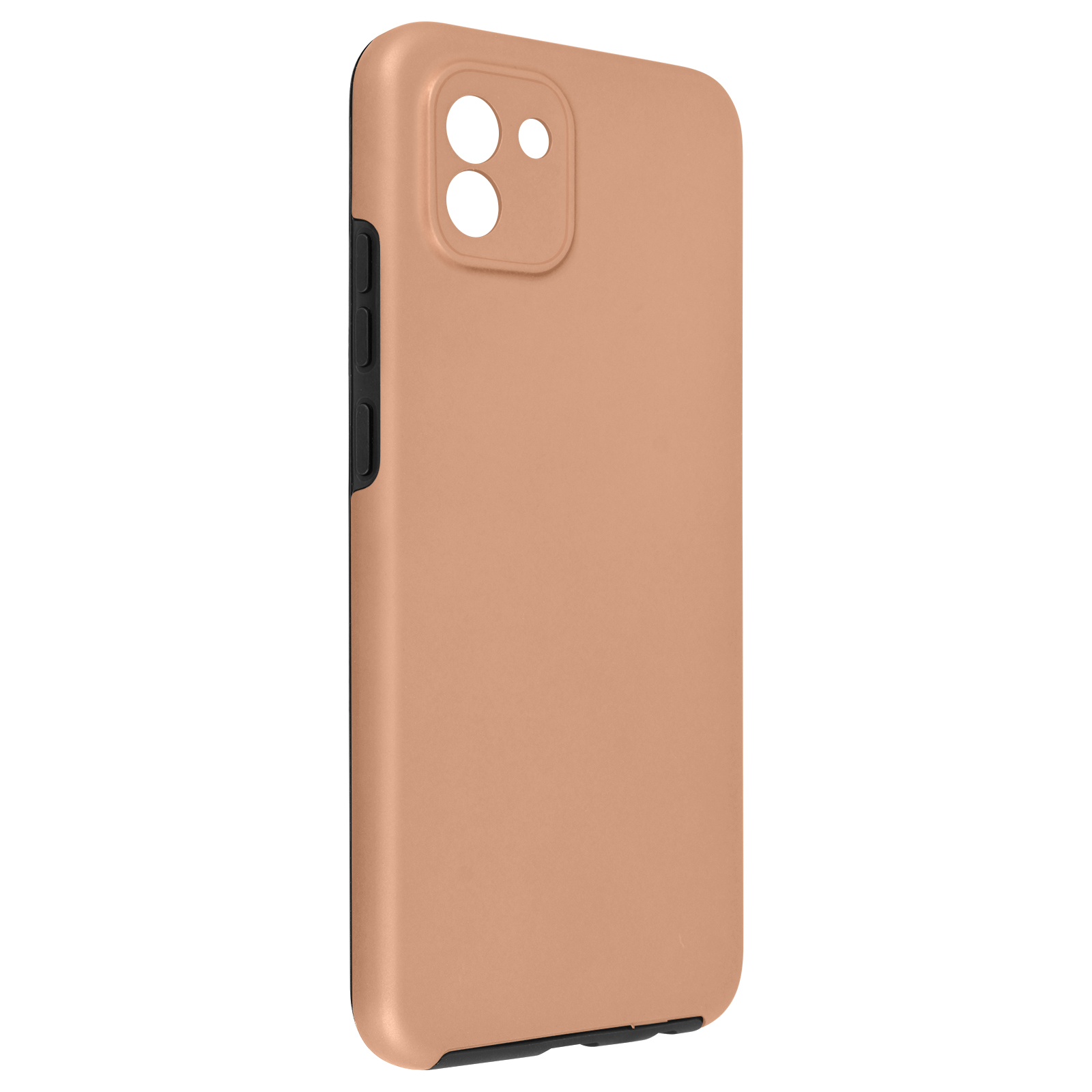 Una custodia per telefono color pesca. La custodia ha un foro per la fotocamera e pulsanti laterali.