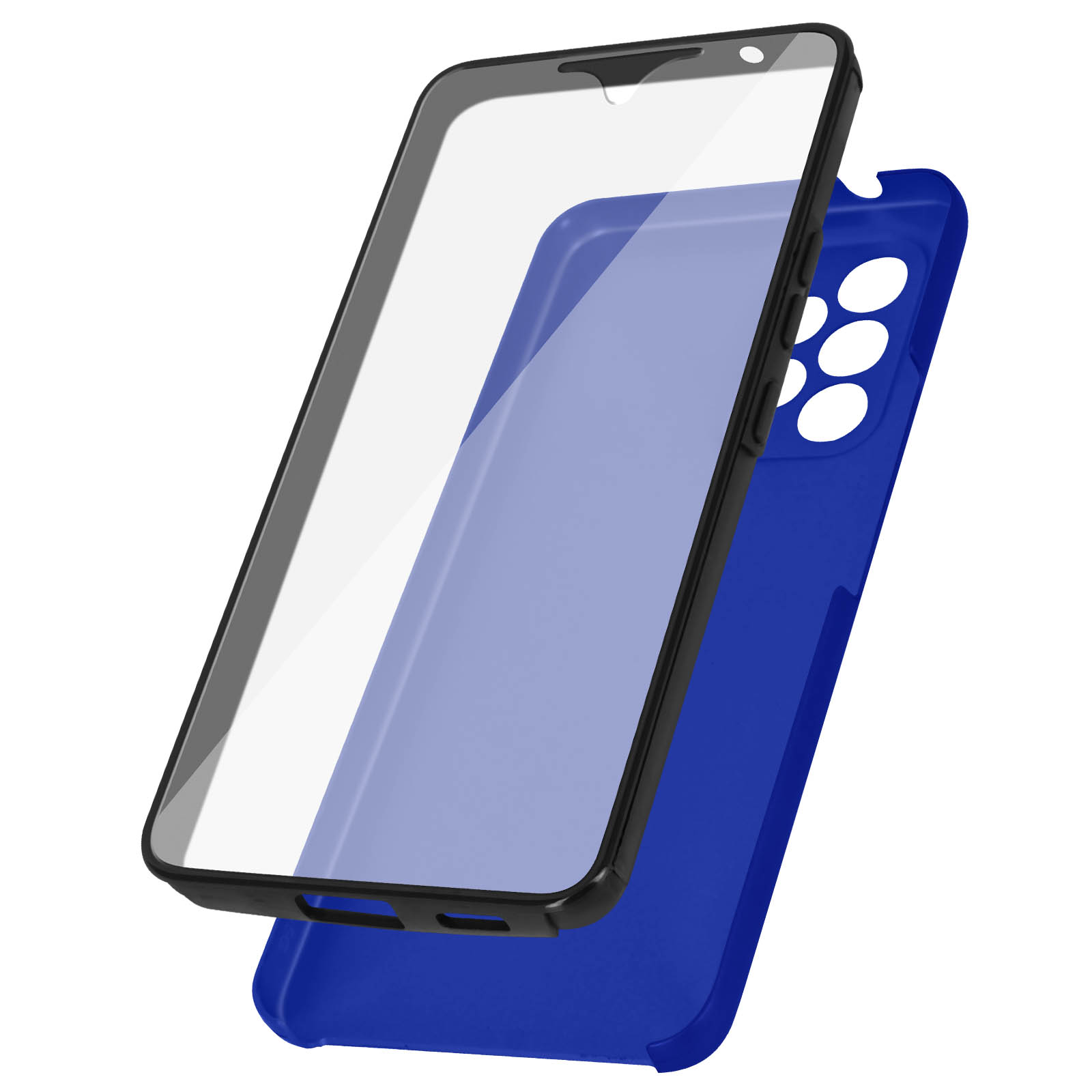 Coque de téléphone bleue, protection d'écran. Le téléphone n'est pas visible.