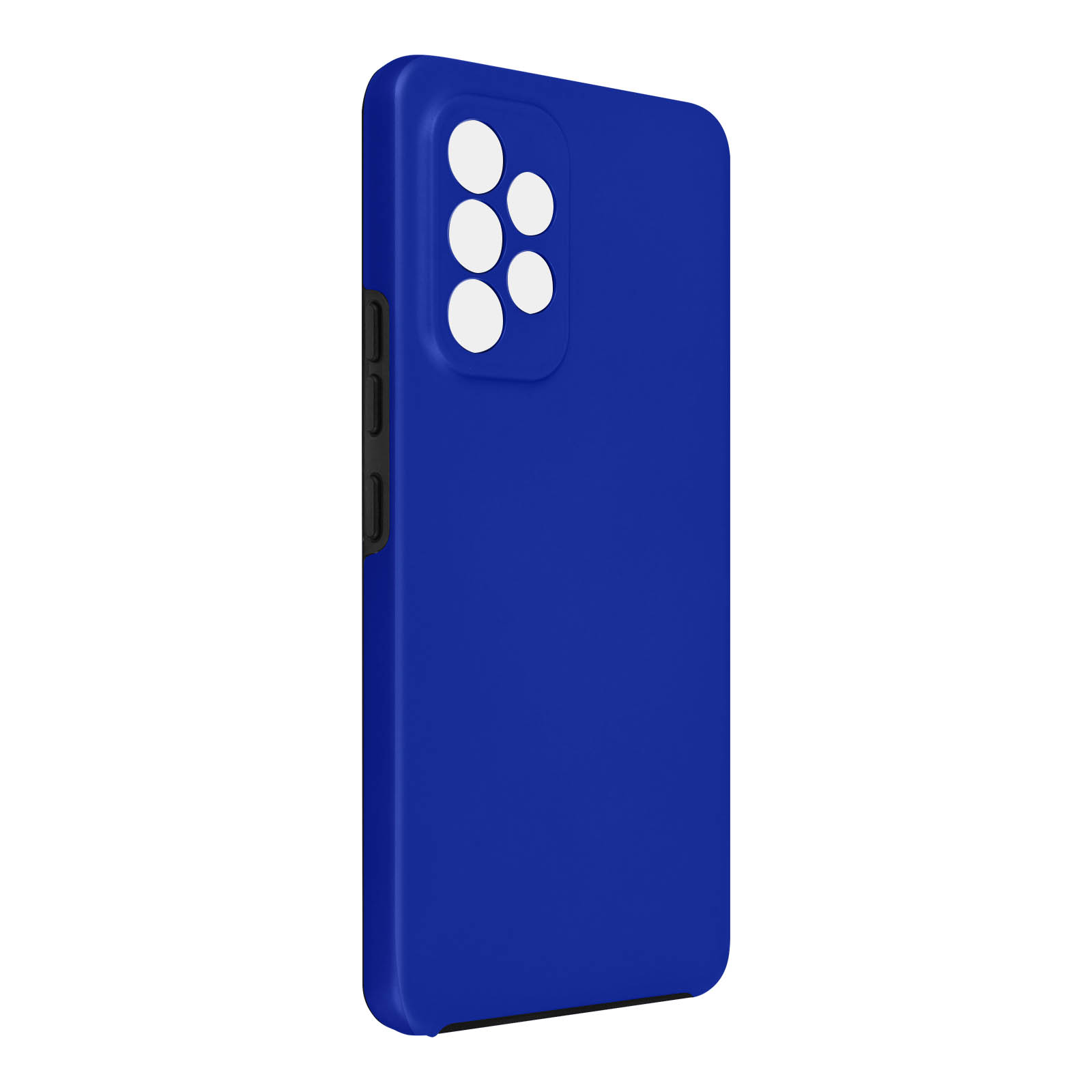 Coque de téléphone bleue avec découpe caméra sur fond blanc.
