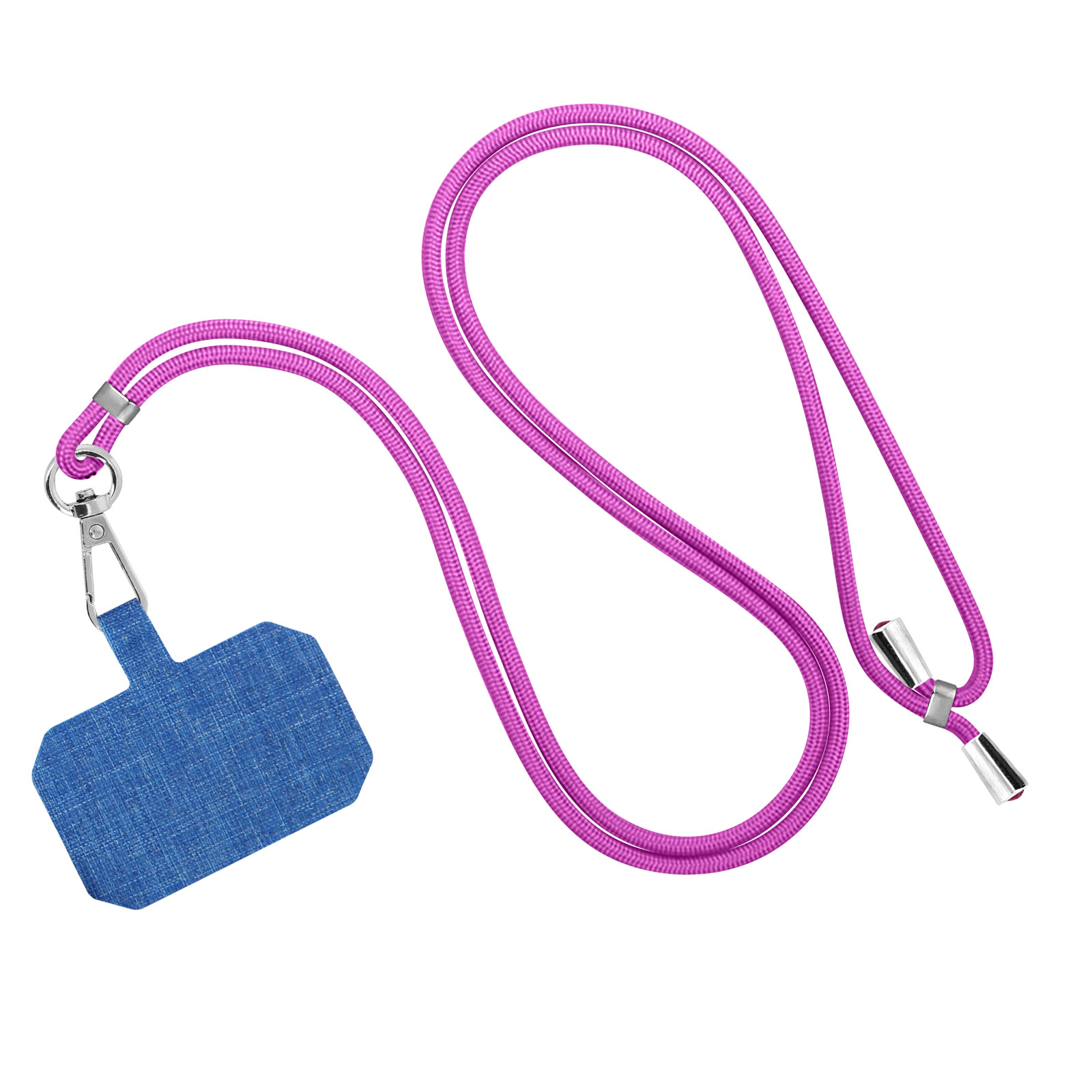 Un cordino viola con porta telefono blu su sfondo bianco.