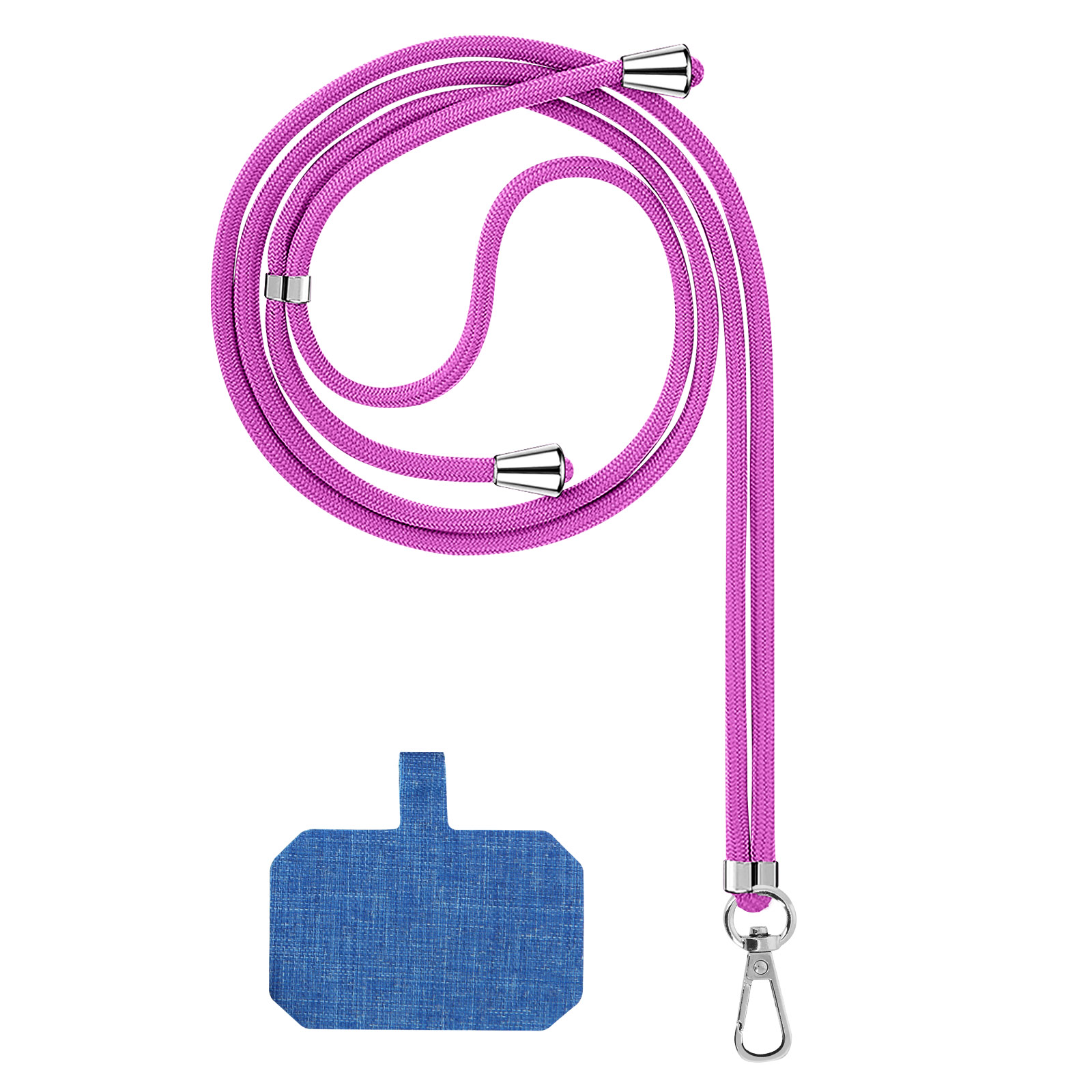 Un laccetto viola con finiture argentate e un supporto per telefono blu.