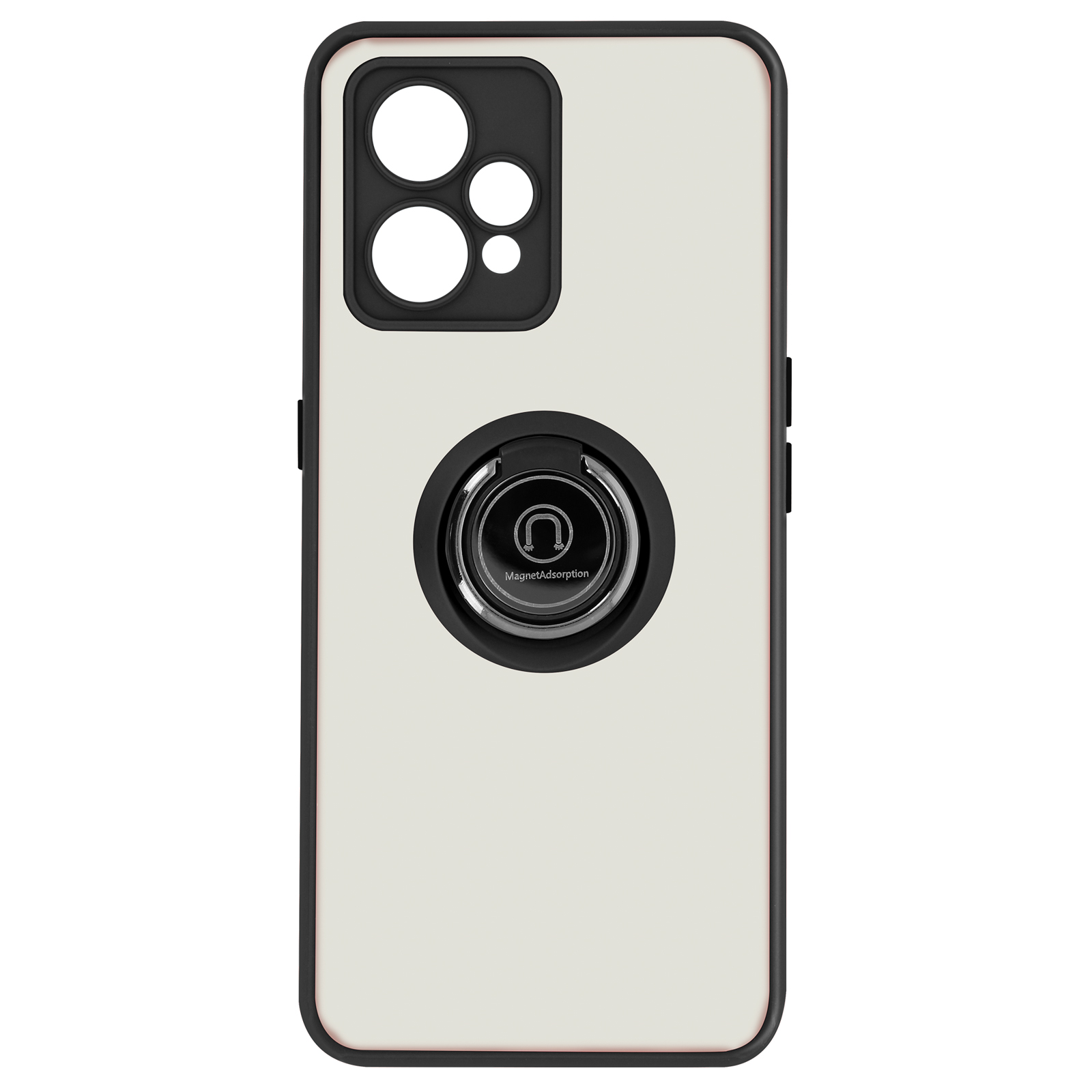 Coque de téléphone, blanche et noire. Support à anneau, découpe caméra, design simple.