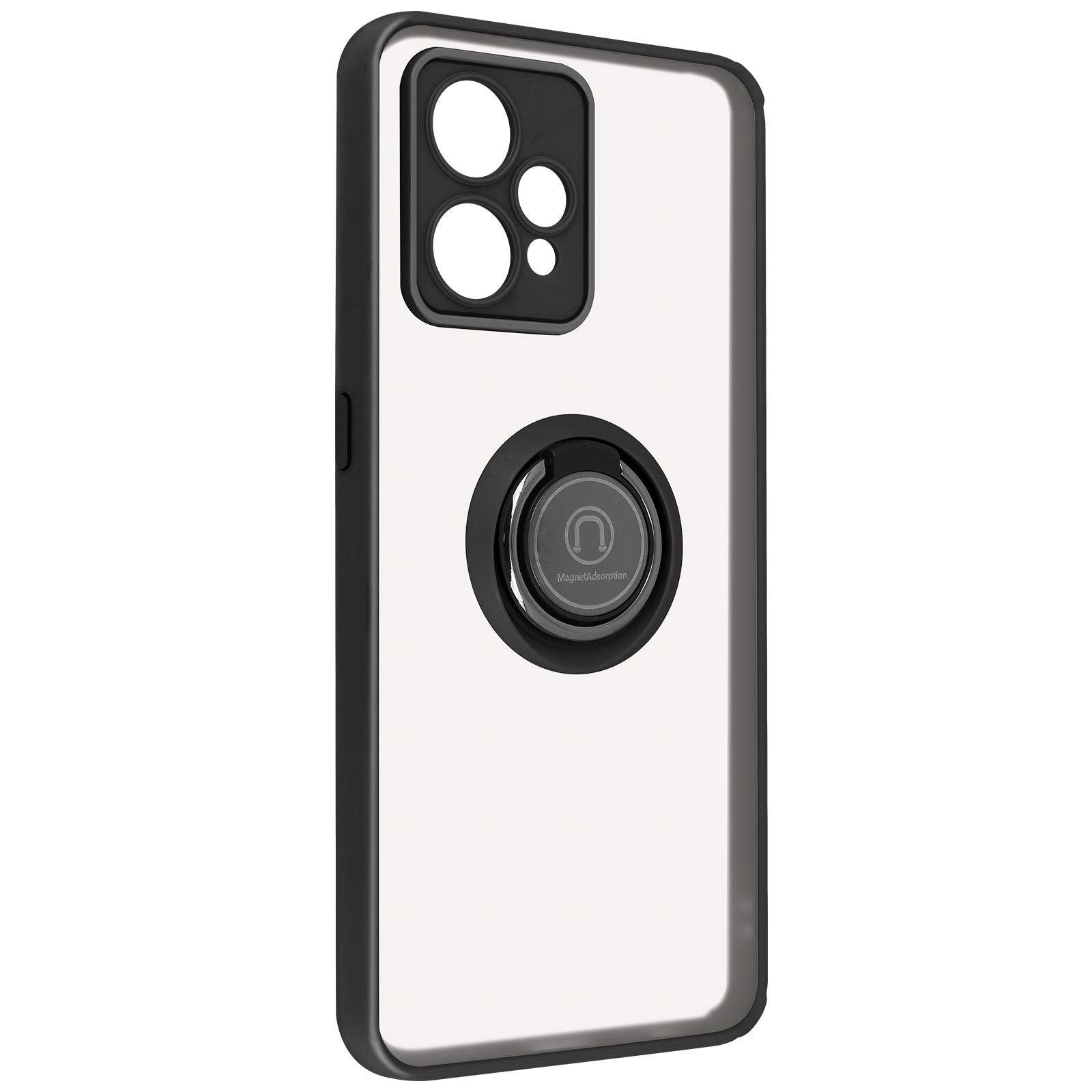 Coque de téléphone avec cadre noir et support de bague. L'étui est blanc, avec une bague pour l'adhérence.