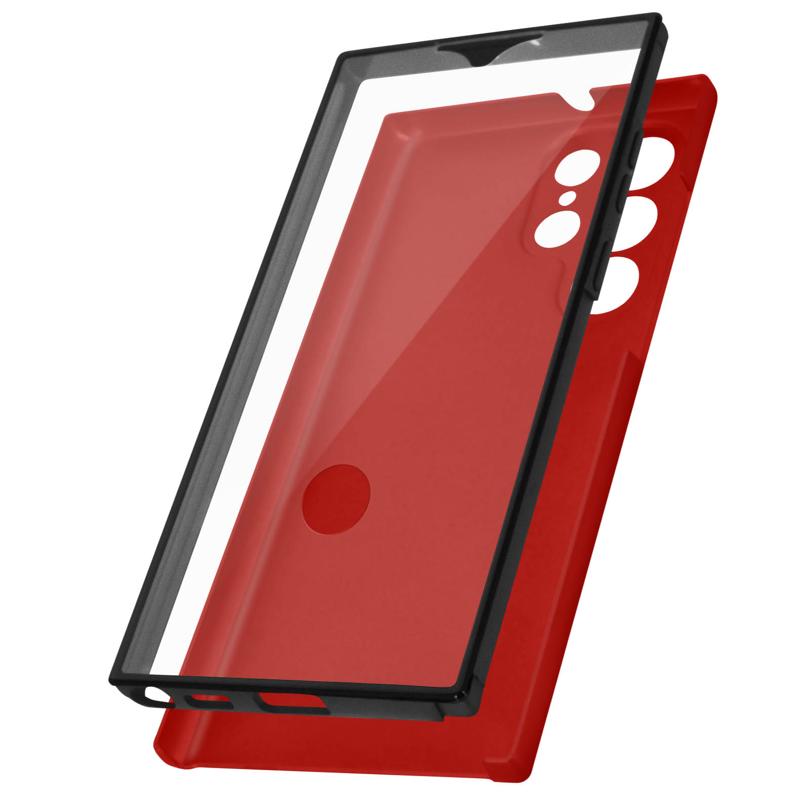 Un étui de téléphone rouge avec un cadre noir est ouvert, révélant l'intérieur rouge, tandis qu'un cadre en forme de téléphone flotte.