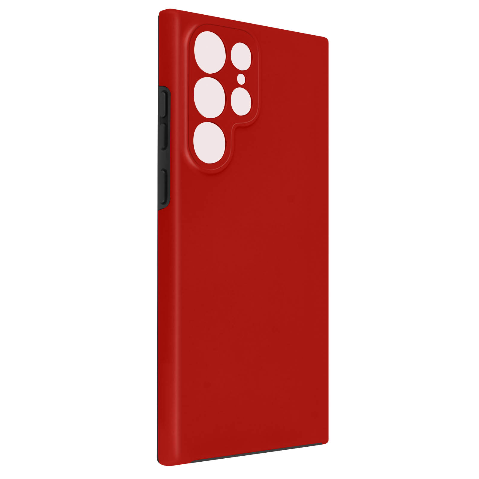 Un étui de téléphone rouge avec plusieurs objectifs de caméra. Il est sur un fond blanc.