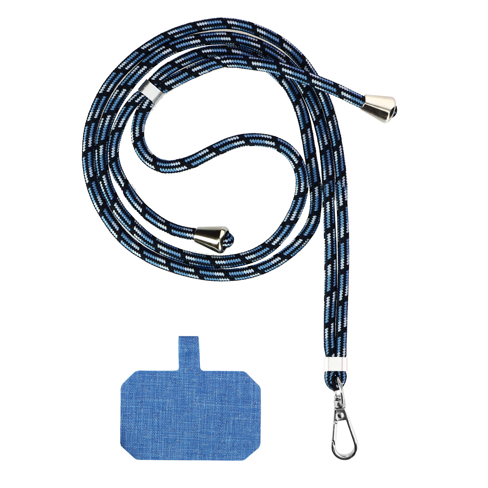 Laccetto da collo blu e nero fantasia con estremità argentate e moschettone. Una linguetta blu per telefono accanto.
