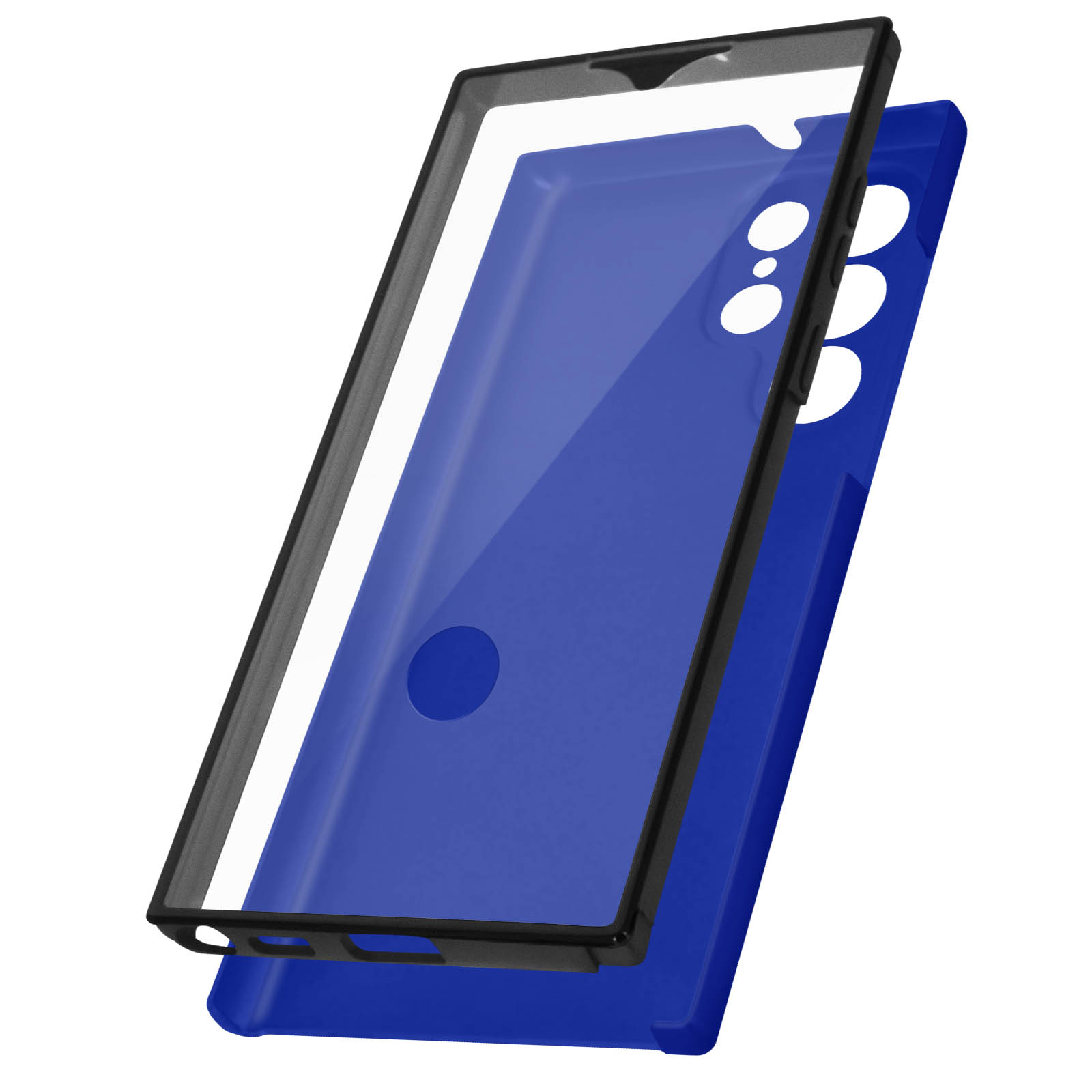 Deux vues d'un étui de téléphone bleu, le téléphone retiré. Protecteur d'écran transparent et étui.