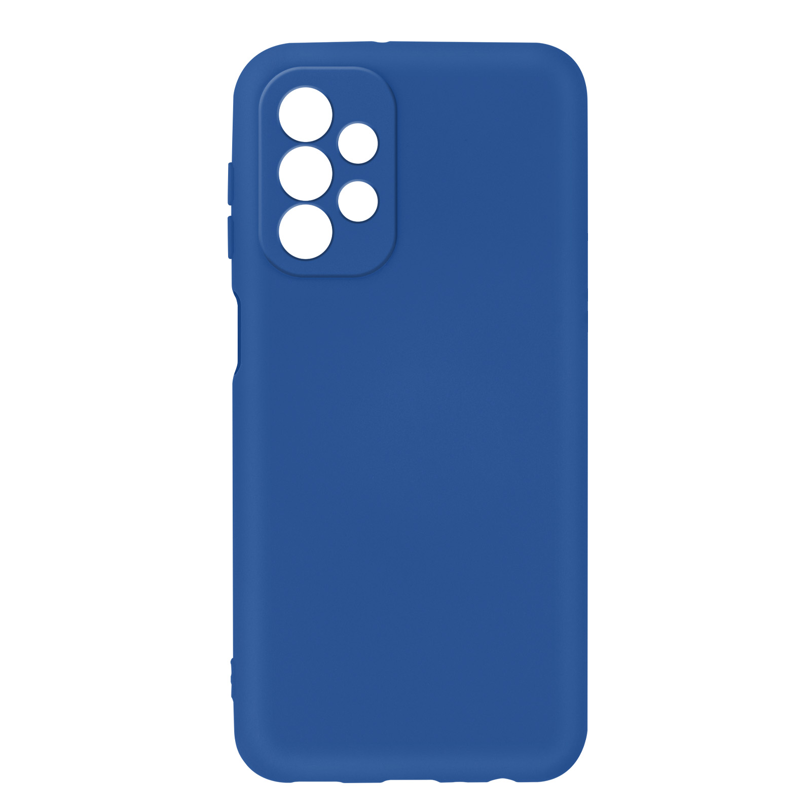 Custodia blu per telefono. La custodia ha fori per la fotocamera e i pulsanti. La custodia è su sfondo bianco.