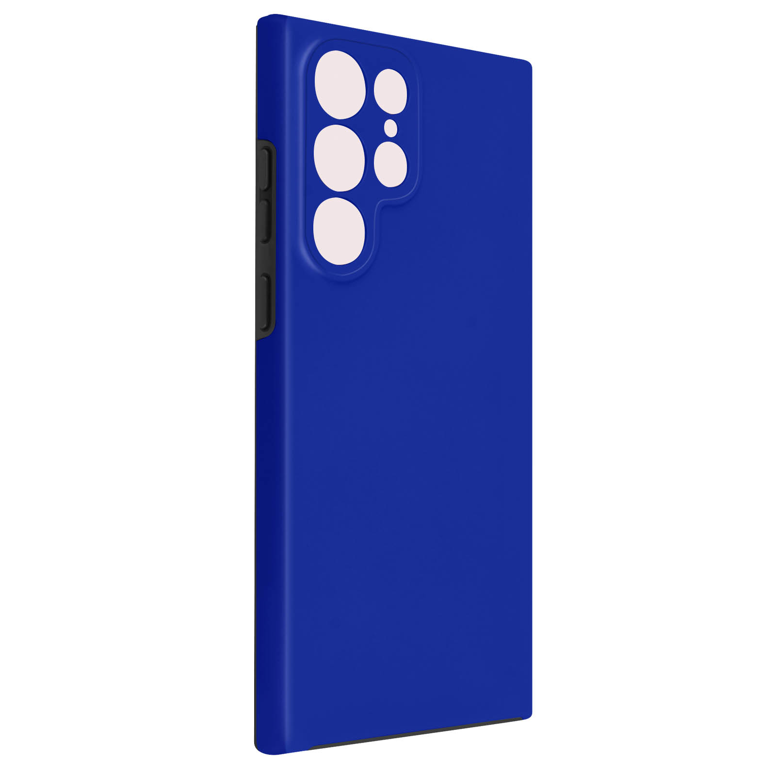 Une coque de téléphone bleue avec plusieurs découpes pour l'appareil photo.