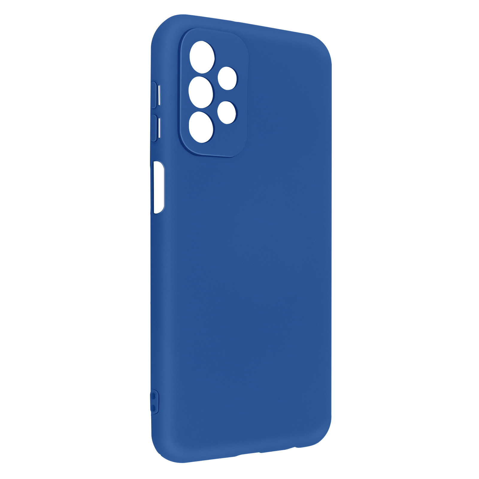 Una custodia per telefono blu tinta unita con fori per la fotocamera. Ha un design semplice e pulito.