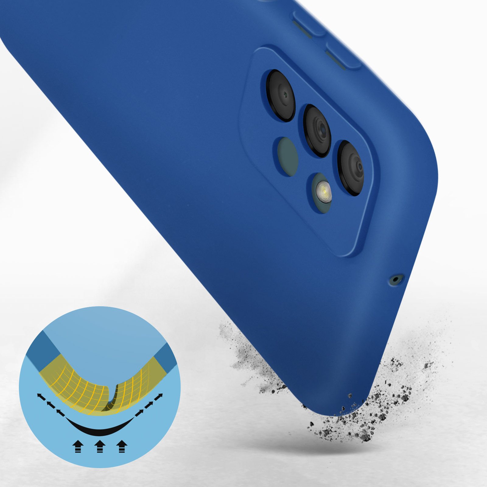 Una custodia blu con tre fotocamere. Un grafico che mostra la resistenza agli urti è in primo piano.