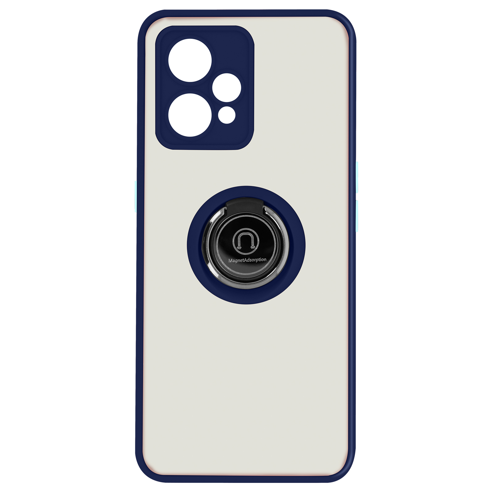 Een telefoonhoesje met een witte achterkant, een blauw frame en een ringhouder met de tekst: MagnetAdsorption.