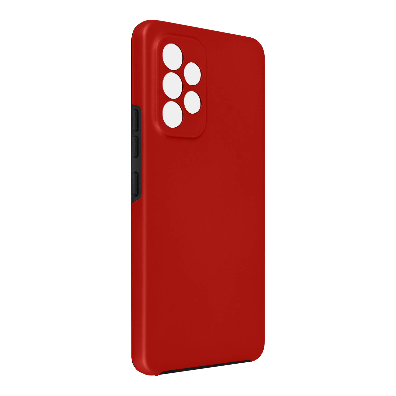 Coque de téléphone rouge avec cinq cercles blancs pour les caméras et un bouton noir. Isolé.