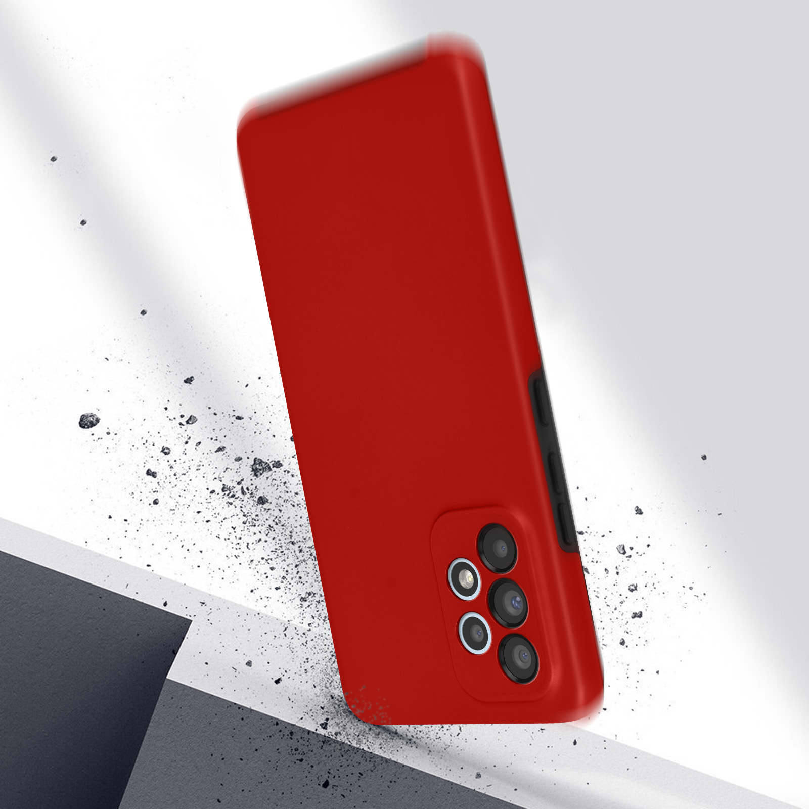 Une coque de téléphone rouge tombe sur un fond blanc avec des débris.