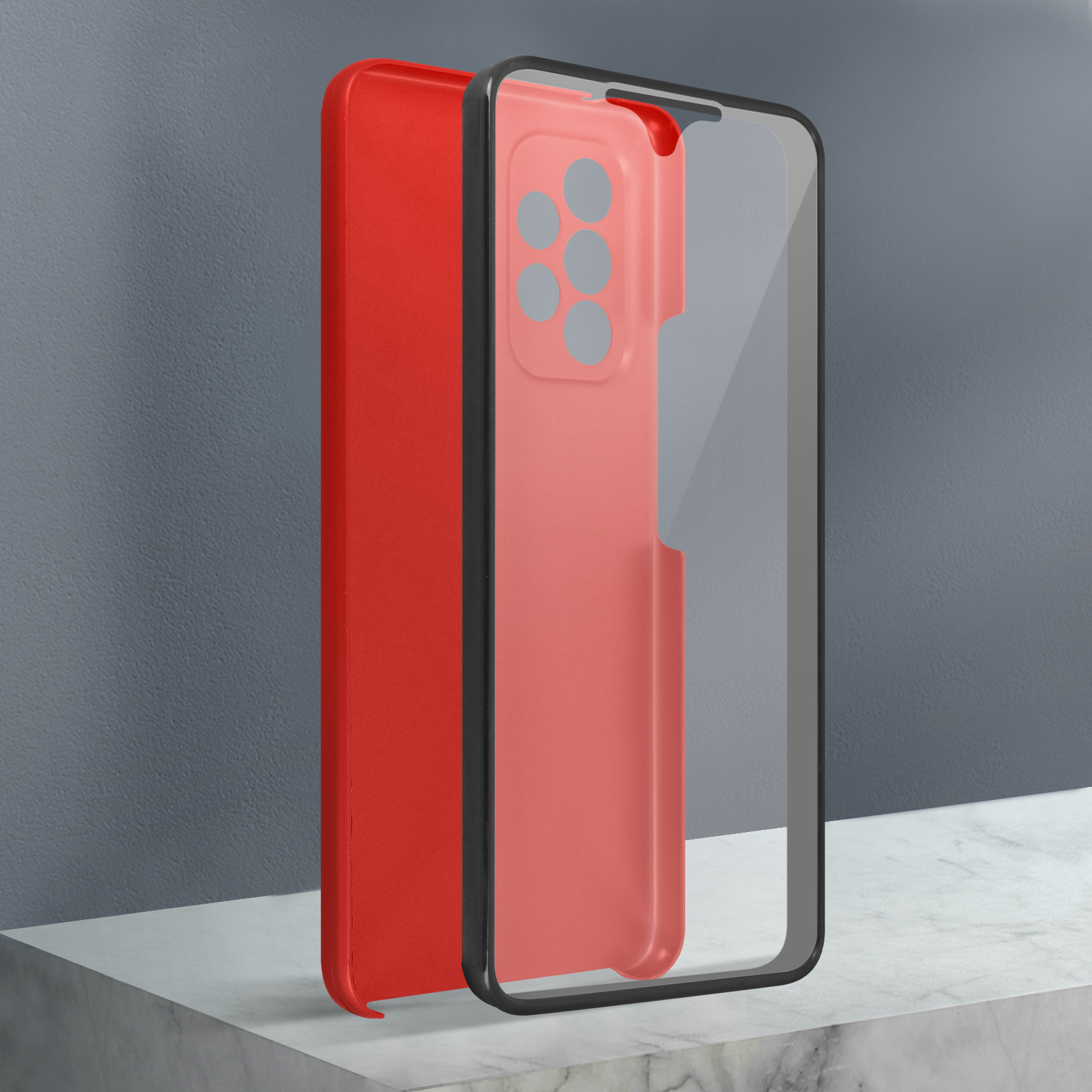 Coque de téléphone rouge et coque transparente avec dos rouge, sur surface grise.