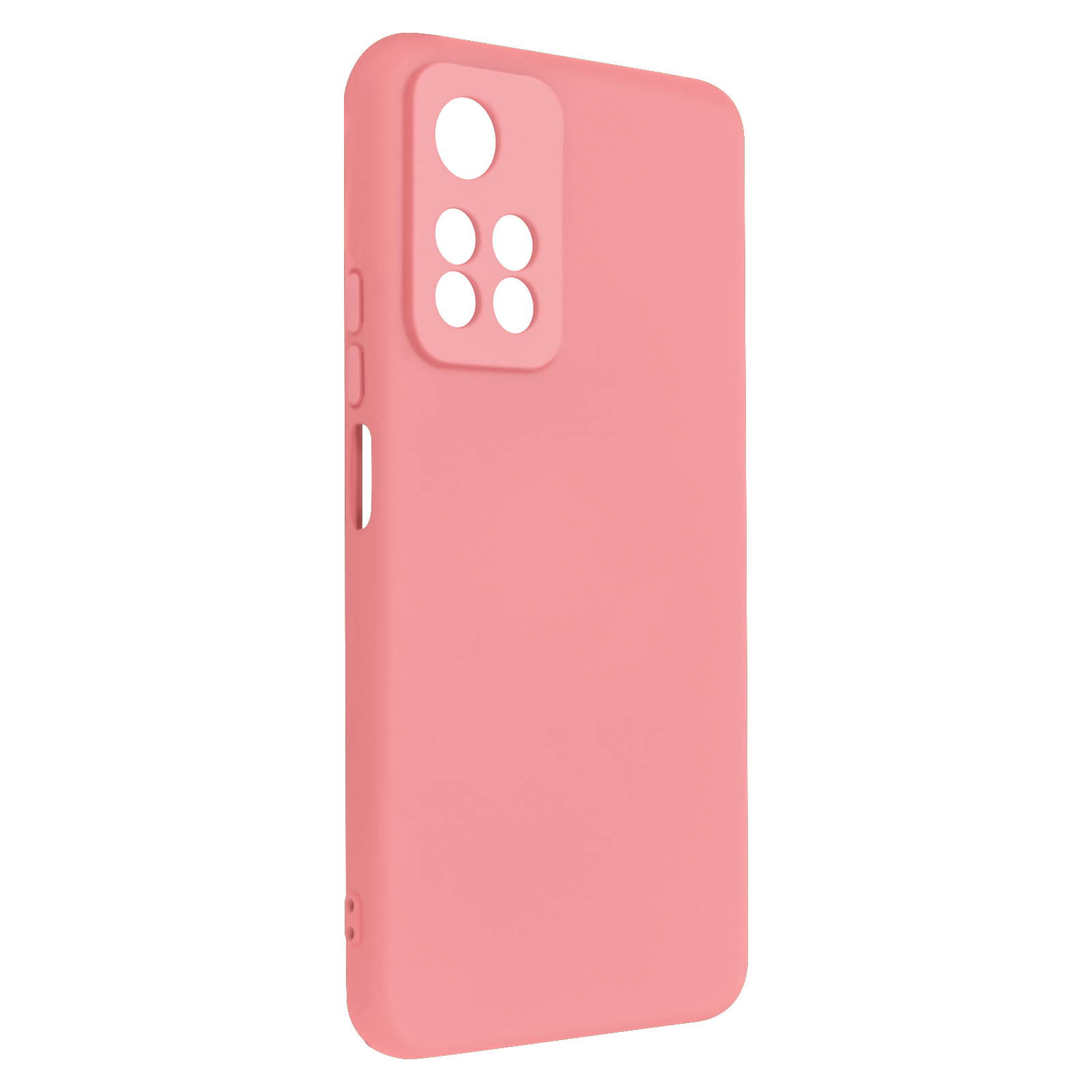 Una custodia rosa per telefono con ritagli per fotocamera e superficie liscia.