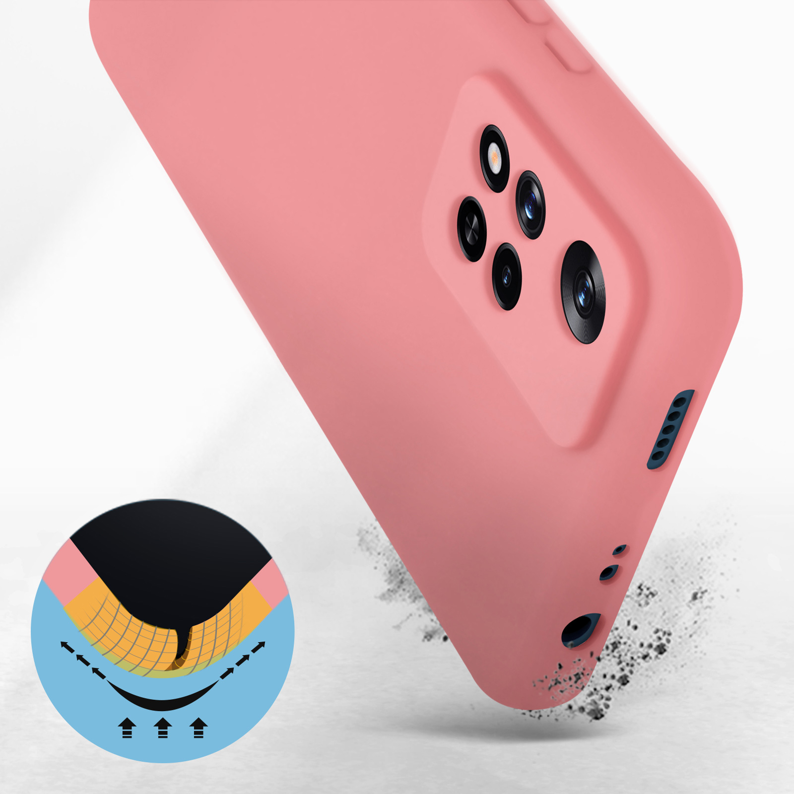 Una custodia rosa per telefono con ritagli per la fotocamera. Un diagramma mostra la resistenza agli urti. Sfondo bianco.