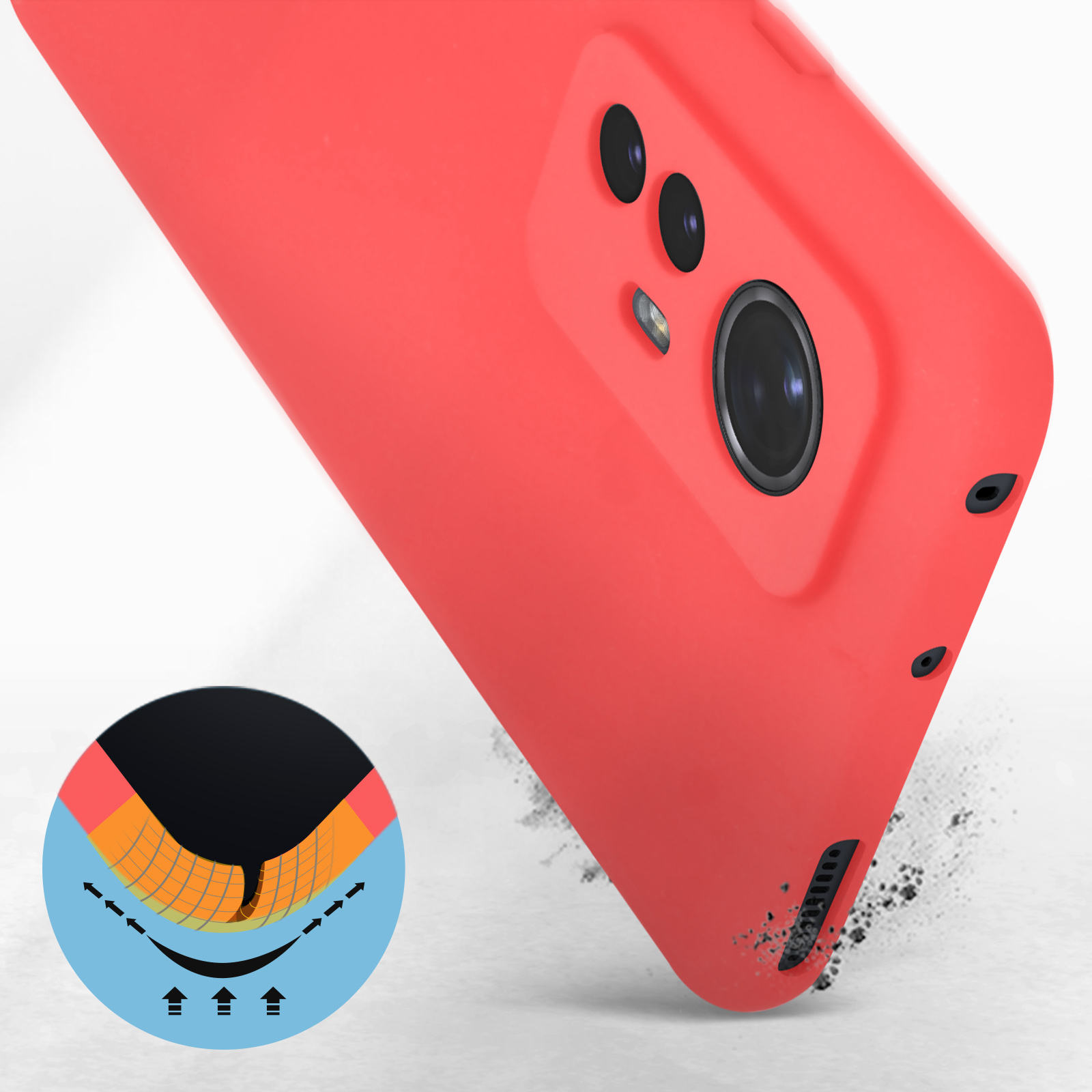 Custodia rossa con fori per fotocamera e altoparlante. Frecce indicano l'assorbimento degli urti.
