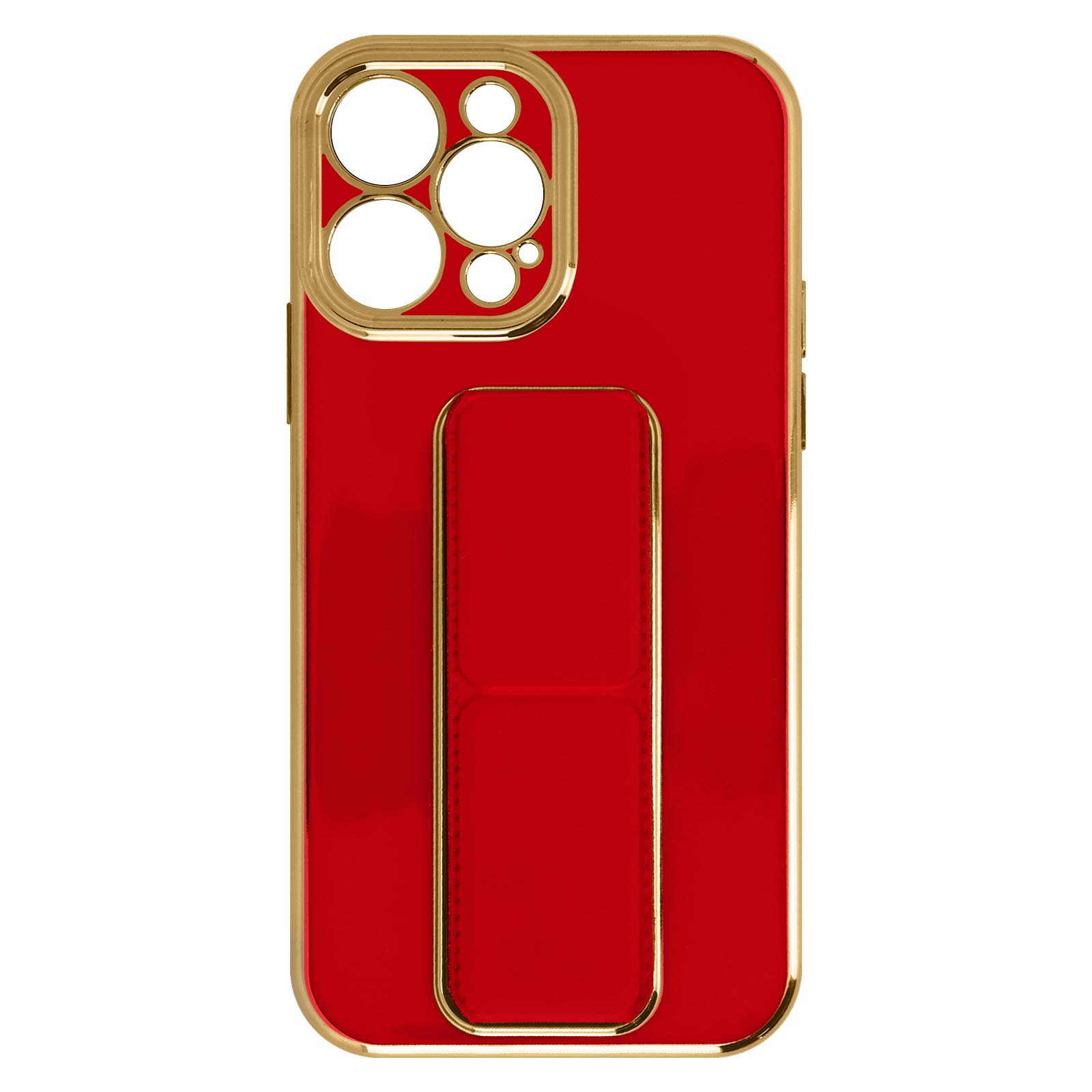 Custodia rossa per telefono con cornice dorata, ritagli per fotocamera e cavalletto dorato.