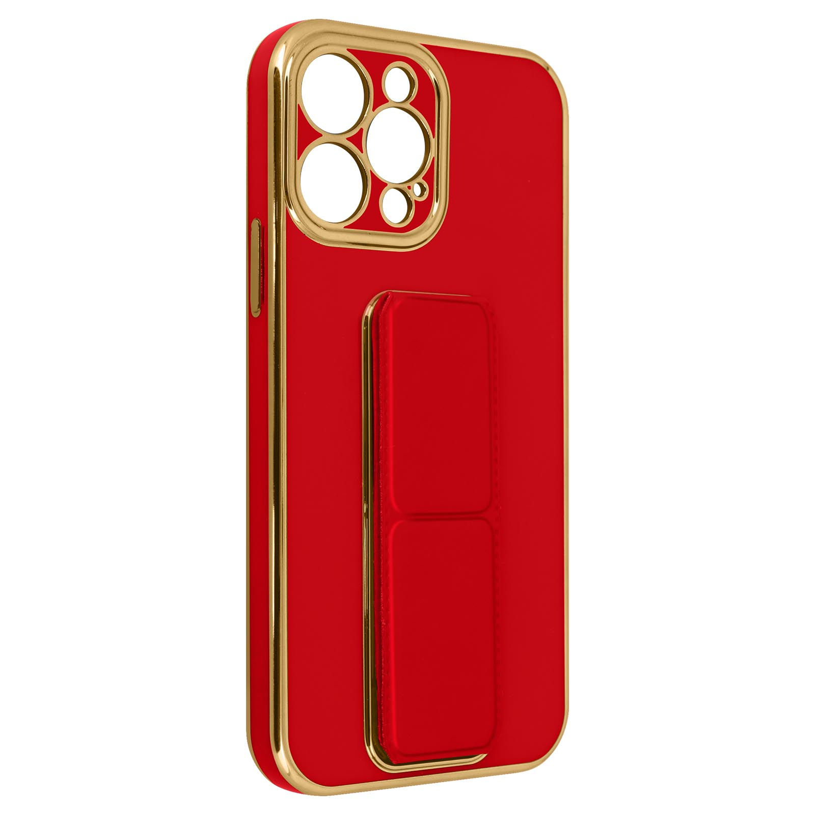 Custodia rossa per telefono con finiture dorate e un supporto pop-up. Sfondo bianco.