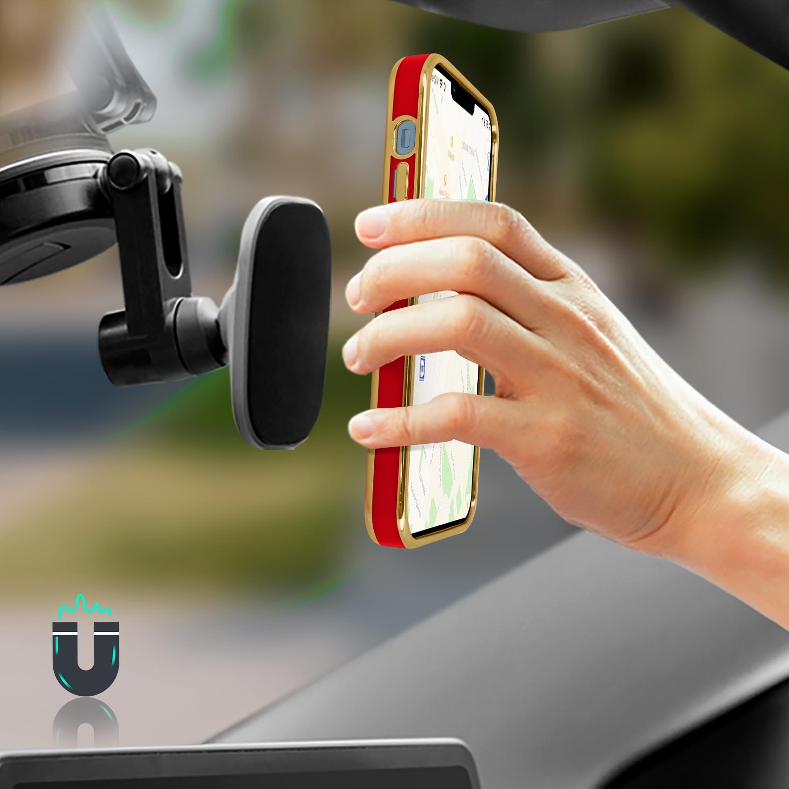 Telefono in custodia rossa e oro, attaccato a supporto auto.