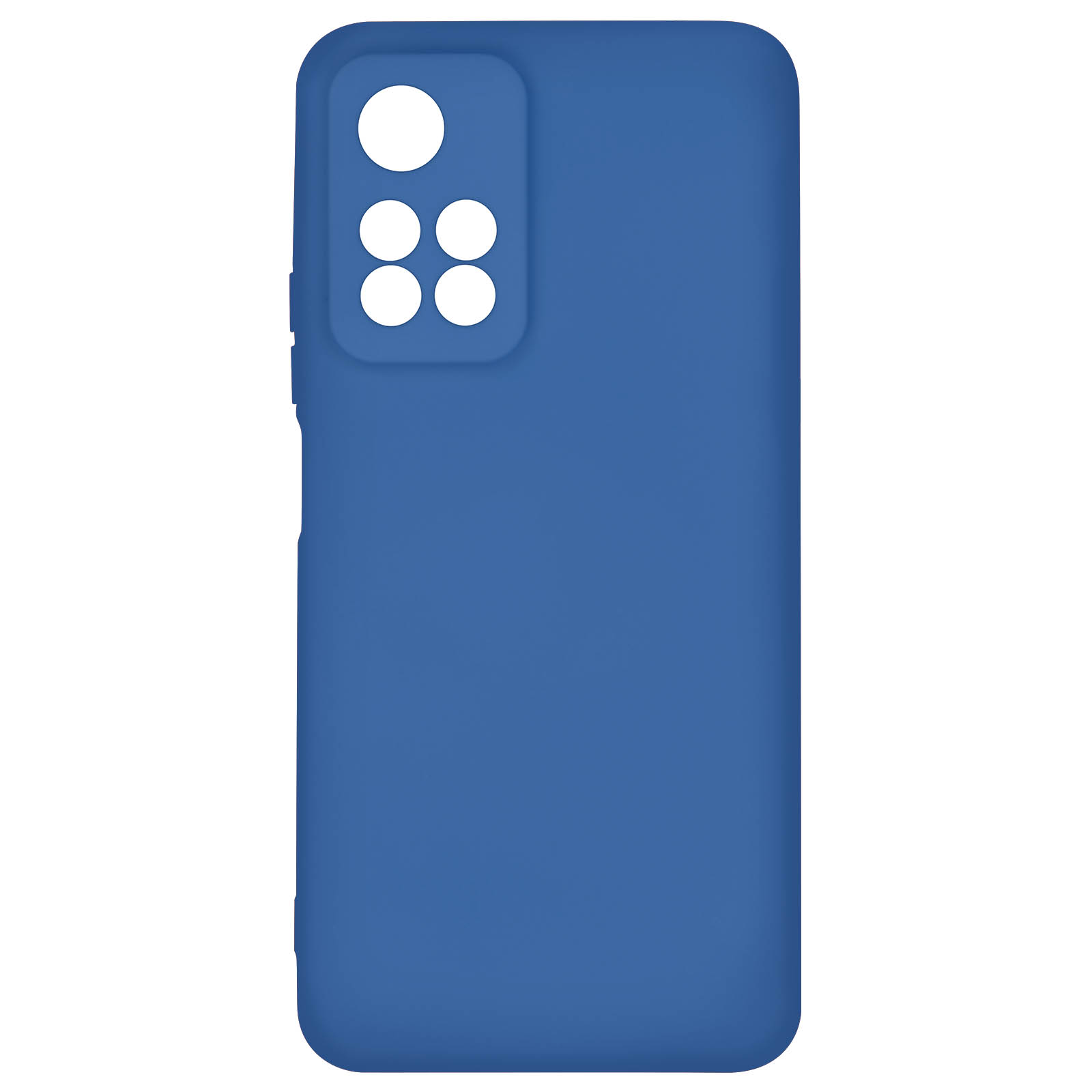 Coque de téléphone bleue. Elle a des découpes pour la caméra et est sur une surface blanche.