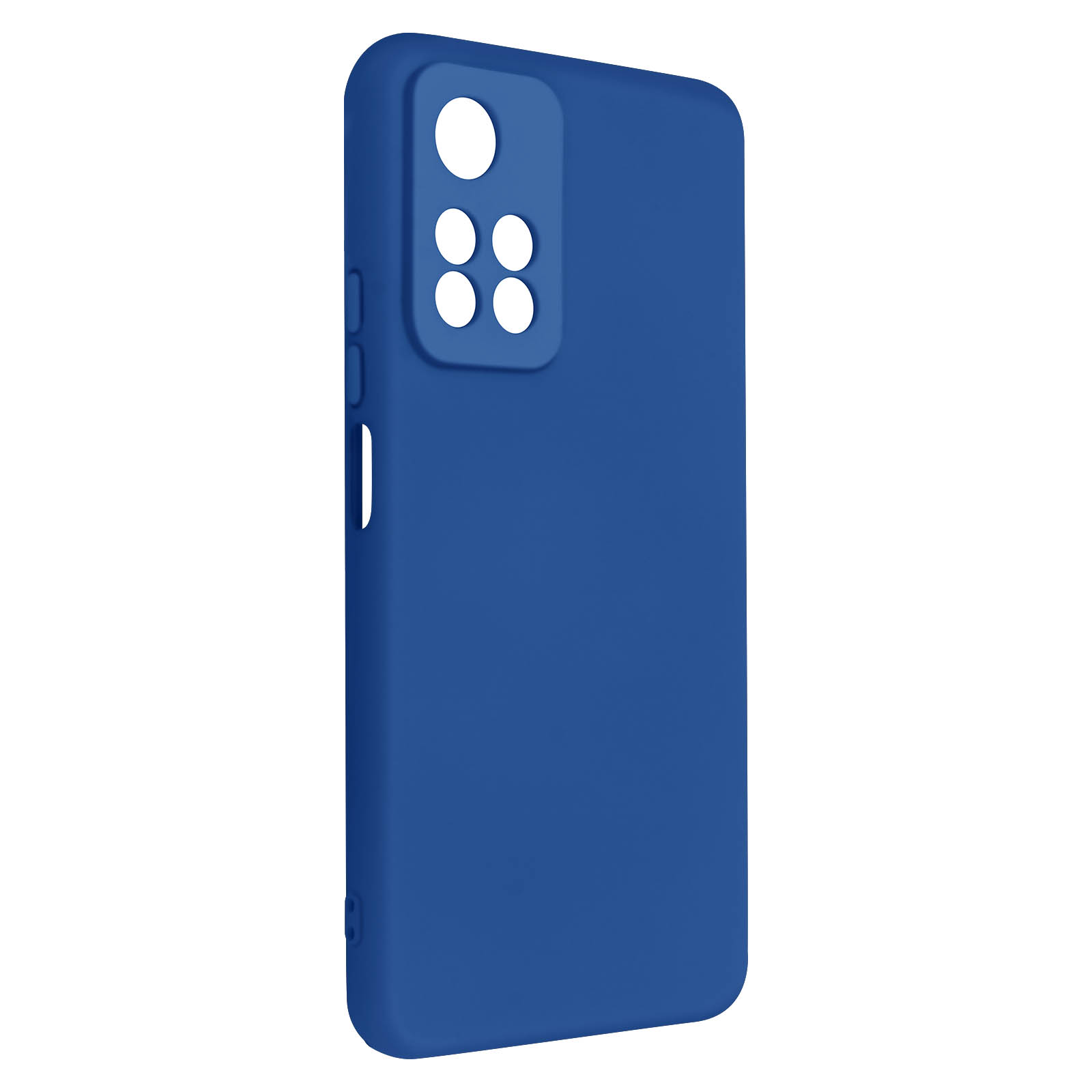 Coque de téléphone bleue. La coque est sur une surface blanche. Le fond est flou, montrant la pièce.
