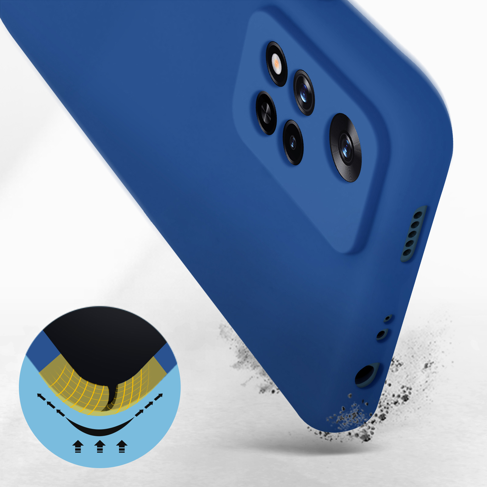 Coque de téléphone bleue, gros plan. Détails de la caméra et du design de la coque.