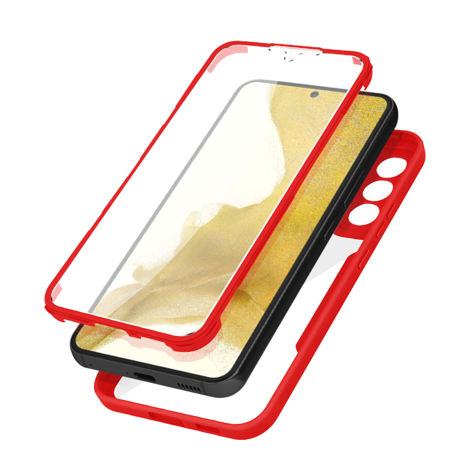 Telefono con tre strati di protezione. Cornice rossa, retro nero e copertura schermo trasparente.