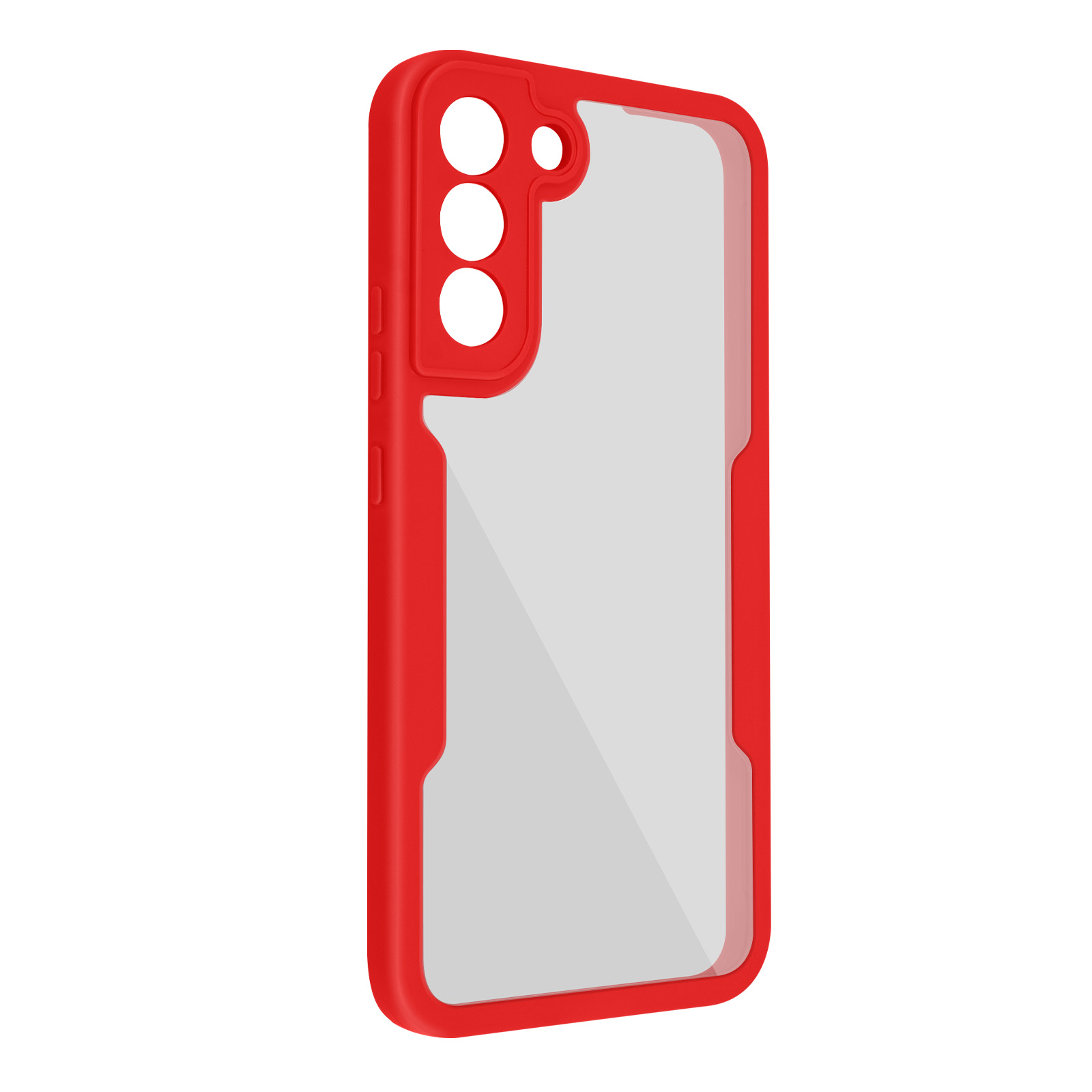 Una custodia rossa per telefono, che mostra la fotocamera e il retro del telefono.