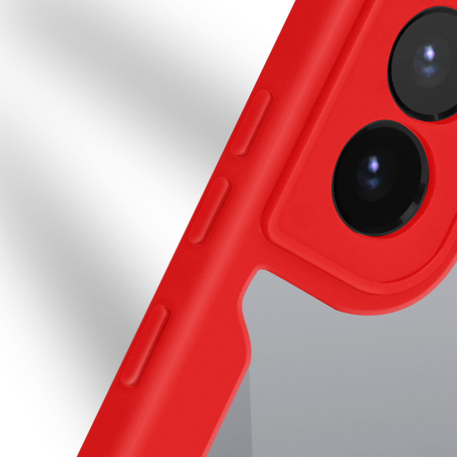Primo piano di una custodia rossa per telefono. La custodia ha pulsanti e un ritaglio per la fotocamera.