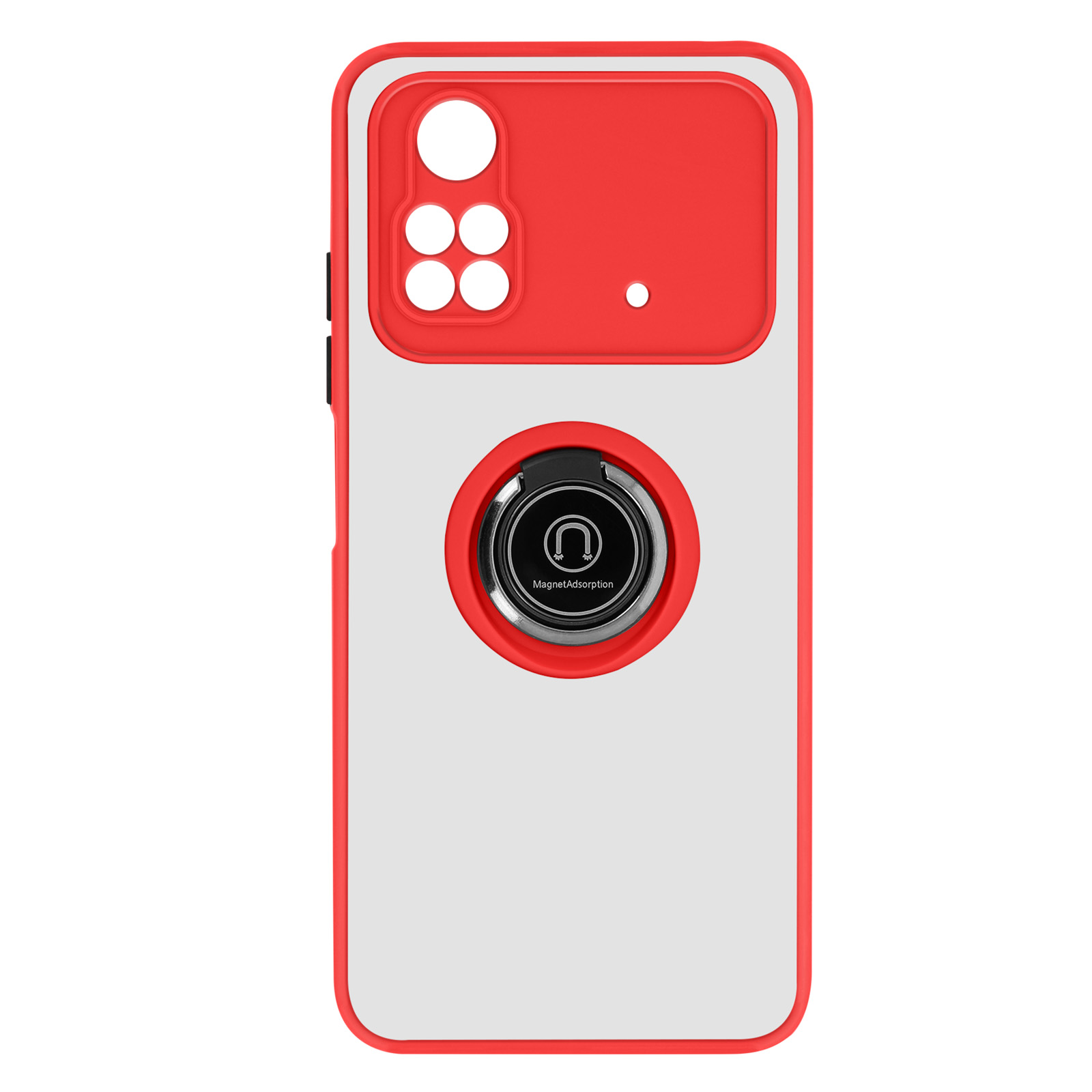 Coque de téléphone rouge et blanche avec support de bague. Comprend des découpes pour caméra et un anneau magnétique.