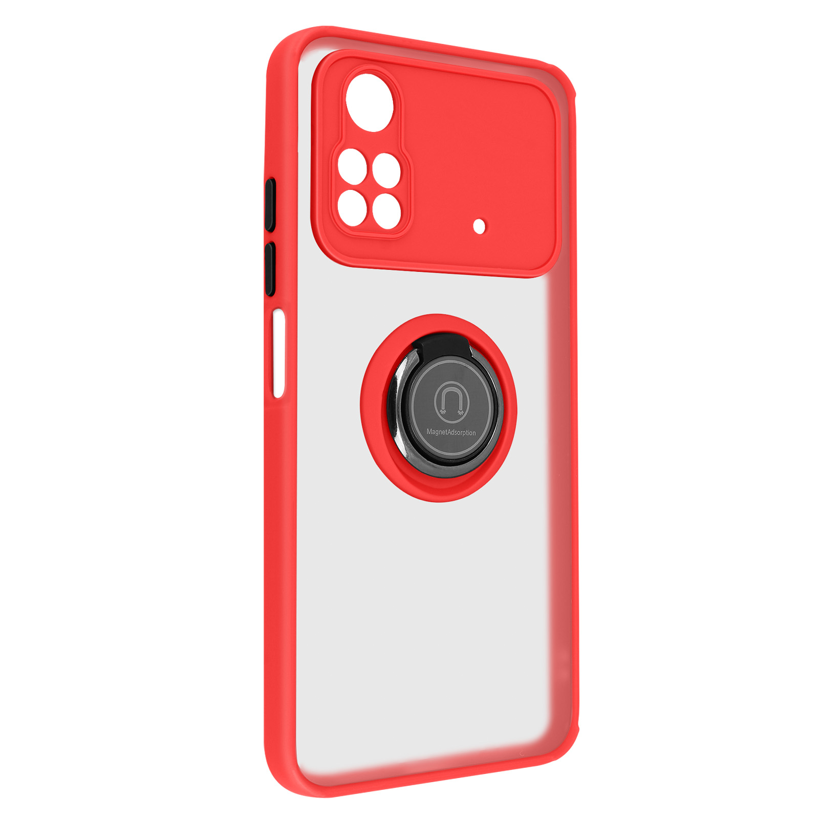 Coque de téléphone rouge avec support de bague et cache objectif. Dos transparent, cadre rouge.