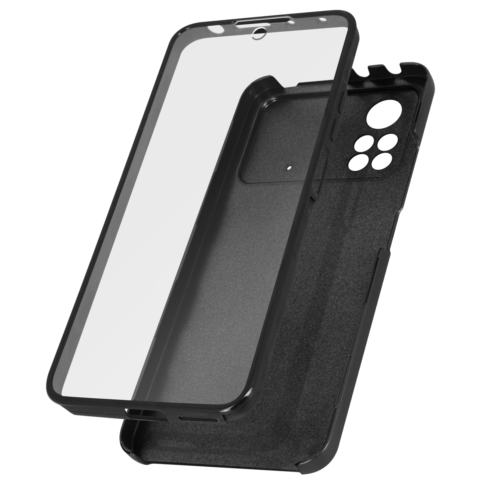 Coque noire avec protecteur d'écran, téléphone à gauche.
