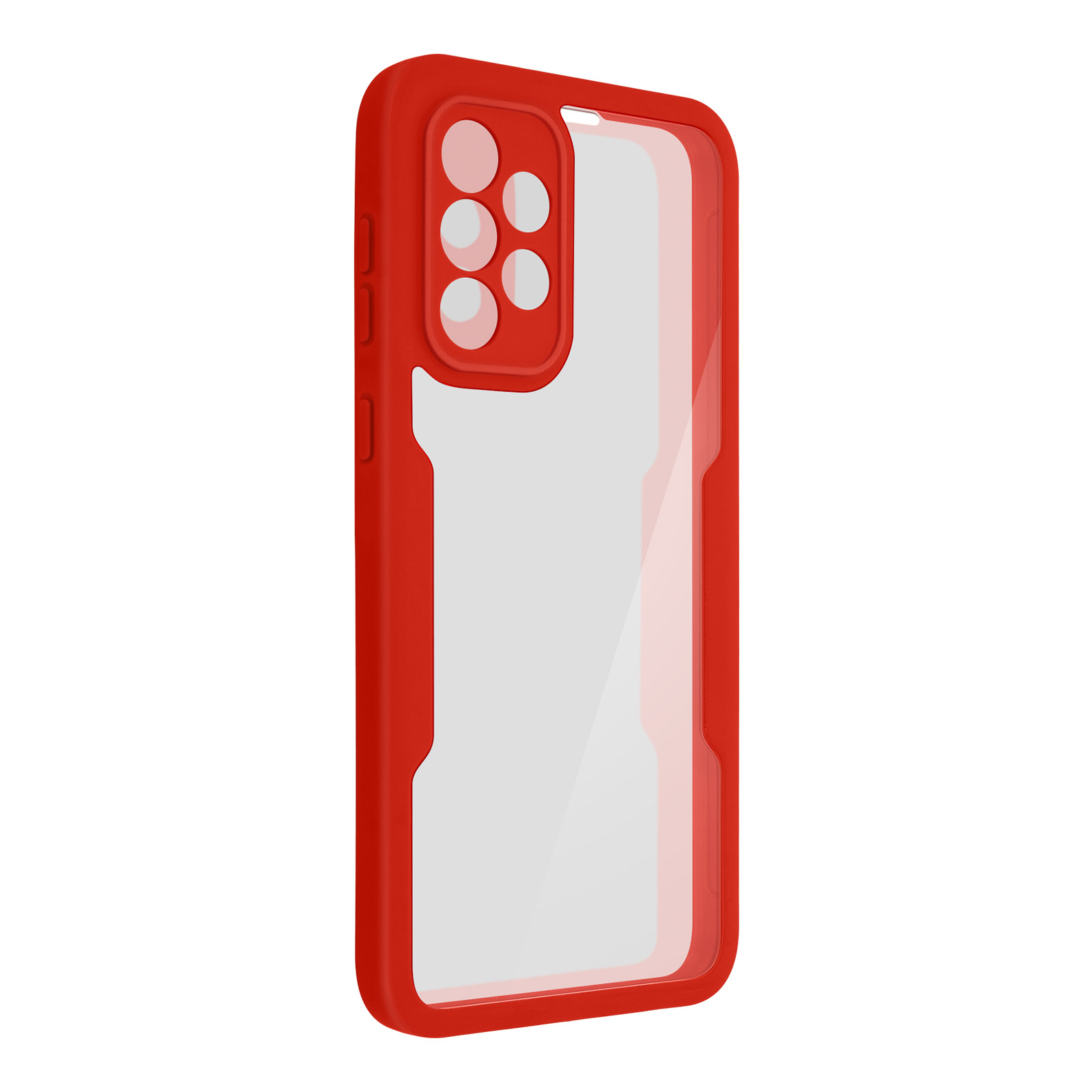 Une coque de téléphone rouge. La coque a des trous pour l'appareil photo et les boutons. La coque est neuve.