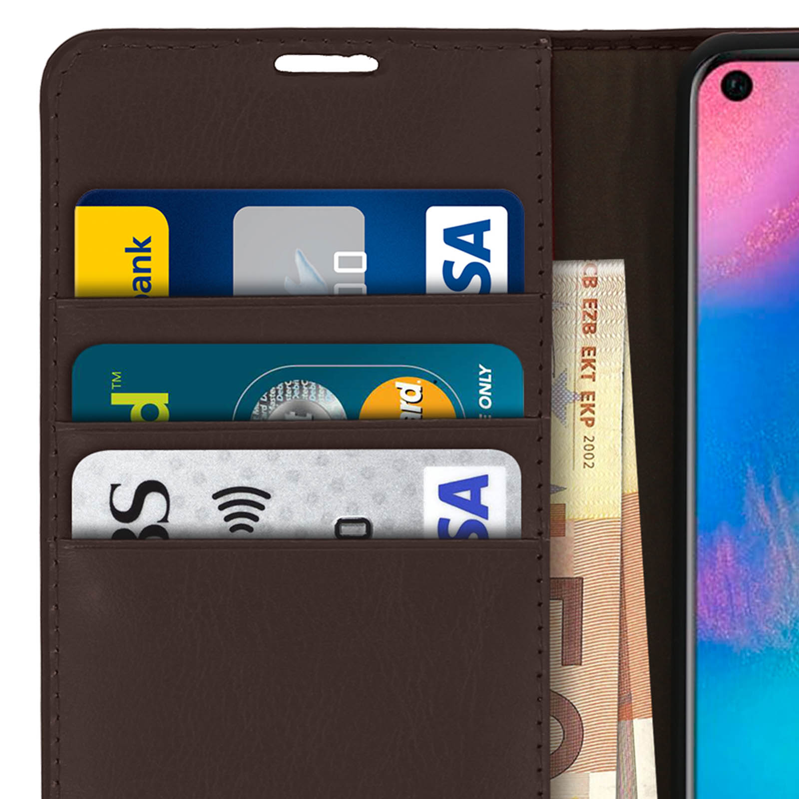 Custodia marrone aperta con carte e denaro all'interno, con un telefono.