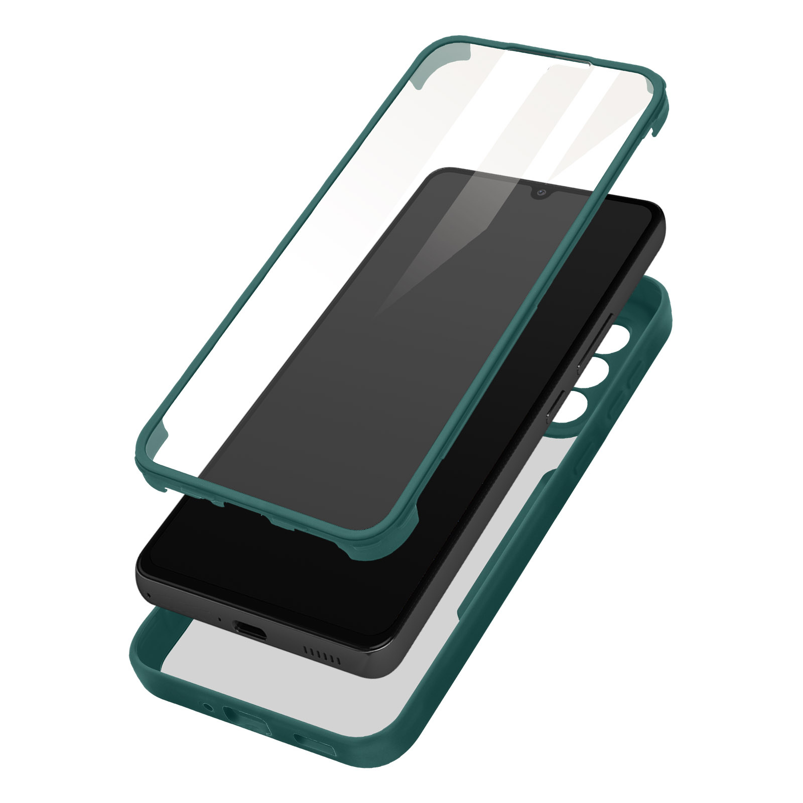 Coque de téléphone avec vue éclatée. Téléphone entre cadres verts et écran clair.