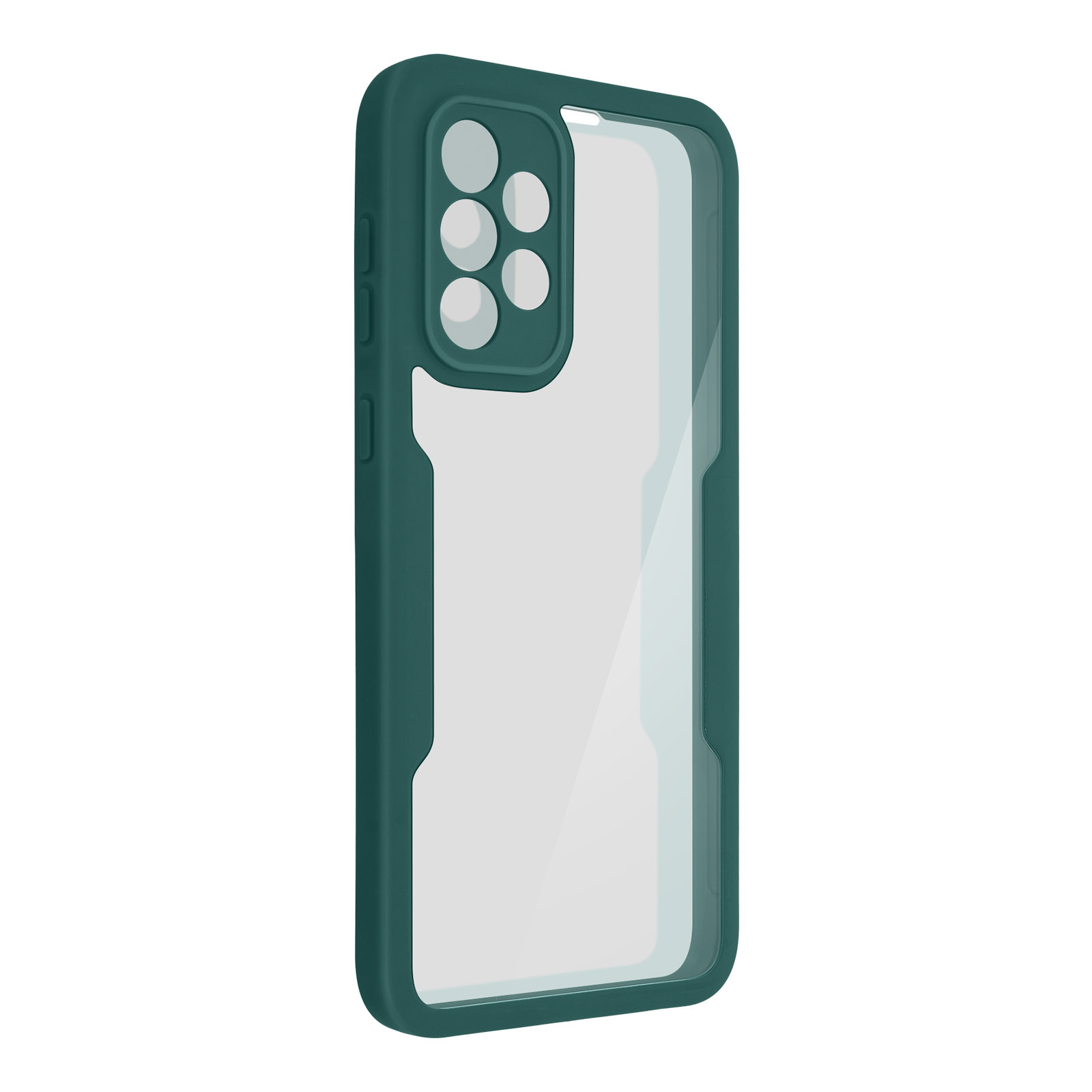 Une coque de téléphone transparente avec un cadre vert foncé. L'étui est transparent avec des découpes pour caméra.