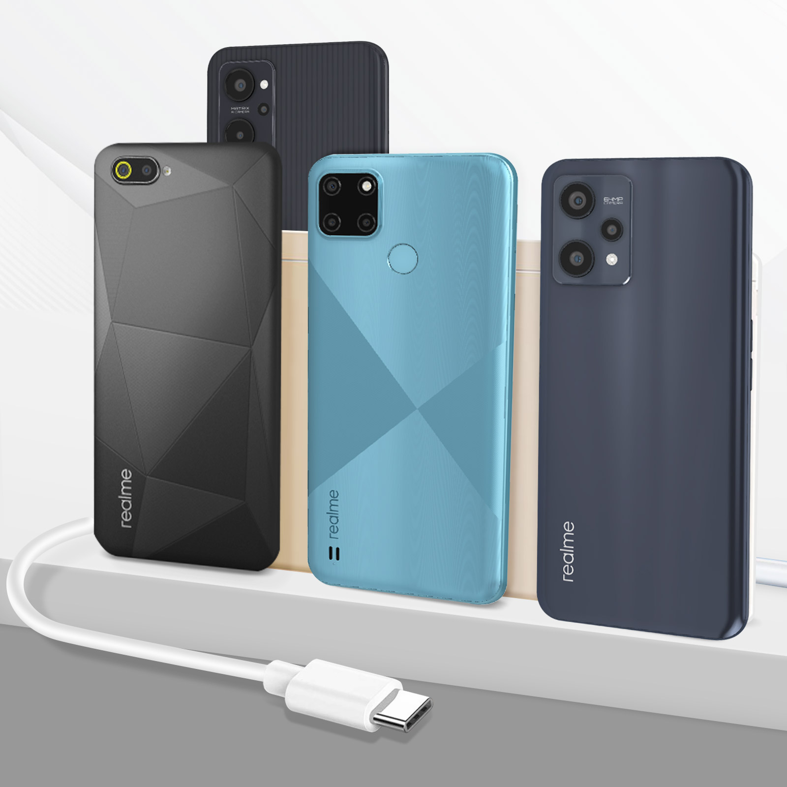 Cuatro teléfonos y cable USB-C blanco. Teléfonos negro, azul y celeste.