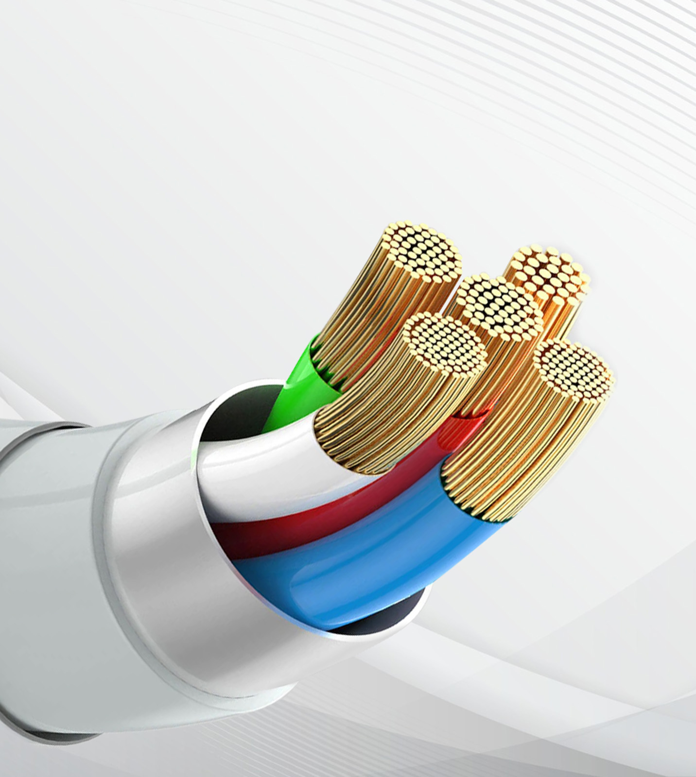 Primer plano de un haz de cables coloridos con cables de cobre expuestos en los extremos.