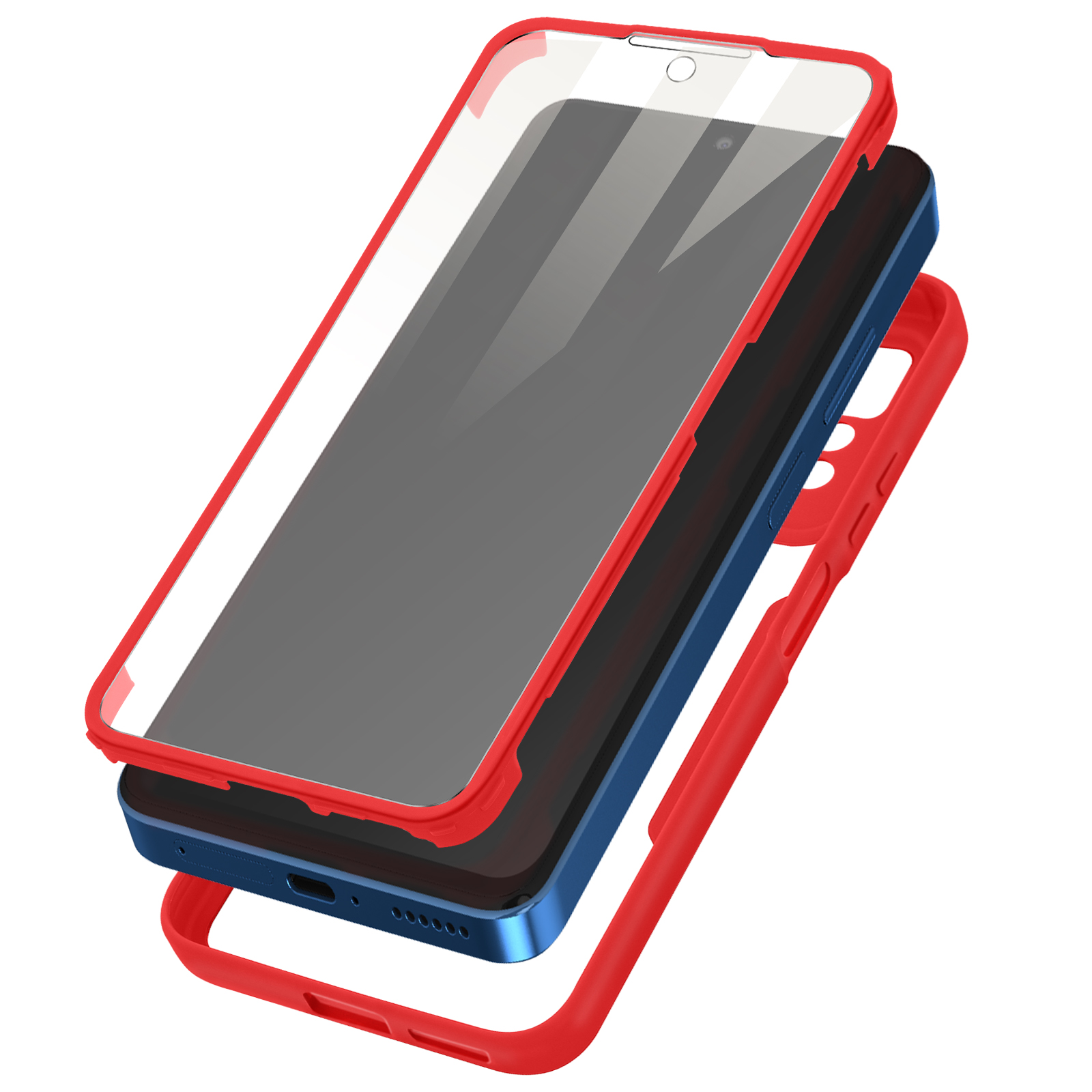 Un telefono smontato con cornice rossa, retro blu e protezione schermo. Gli strati sono leggermente separati.