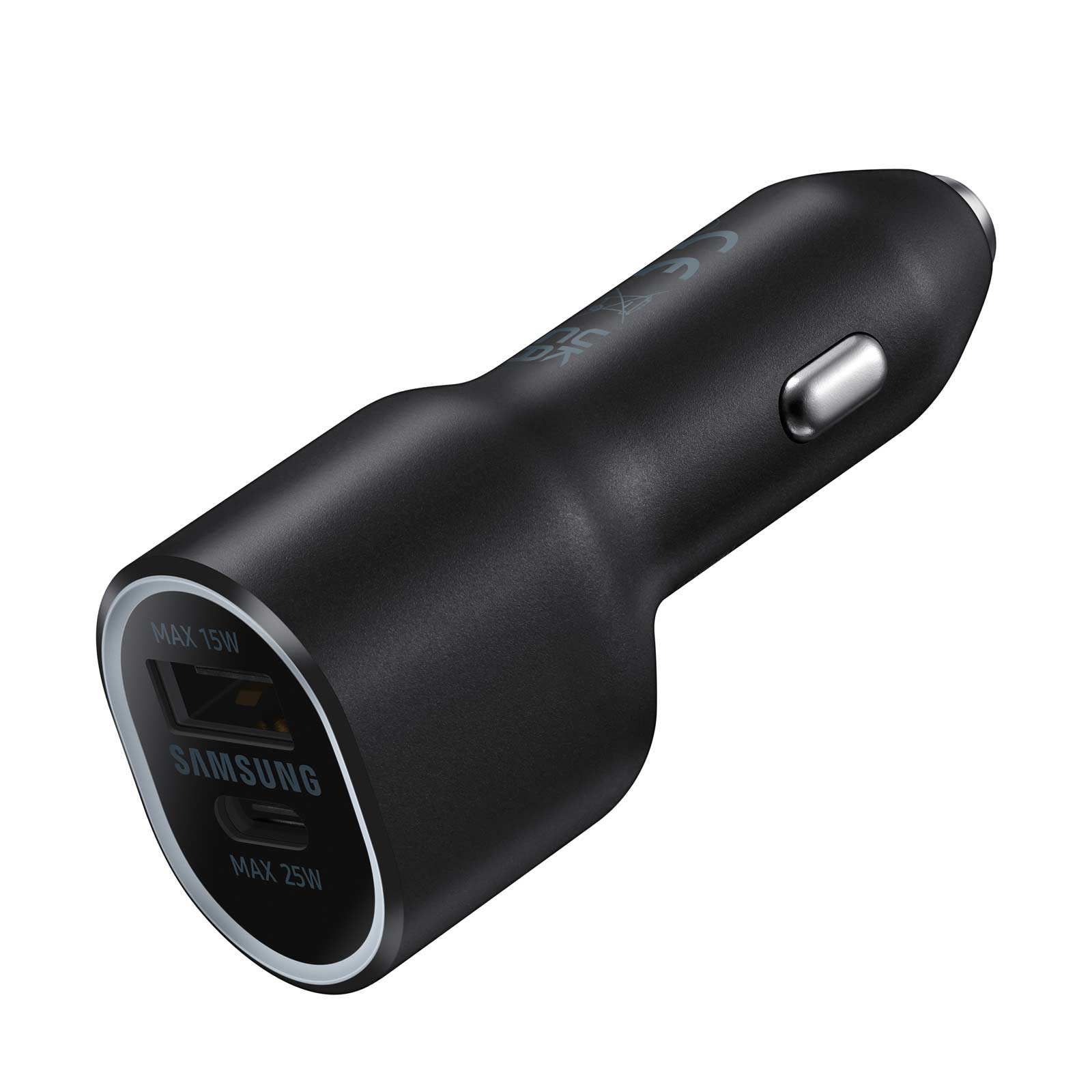 Un caricabatterie per auto nero con due porte USB, etichettato Max 15W e Max 25W.