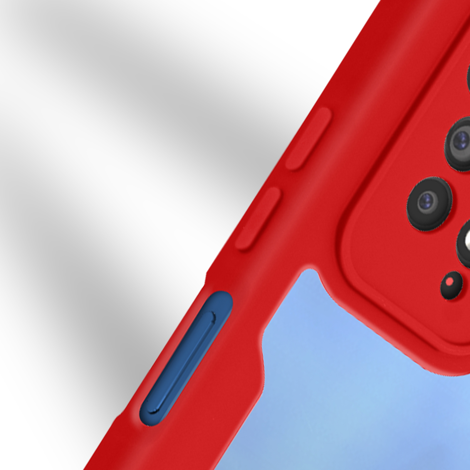 Primo piano di una custodia per telefono rossa. La custodia ha un pulsante blu e un ritaglio per la fotocamera.