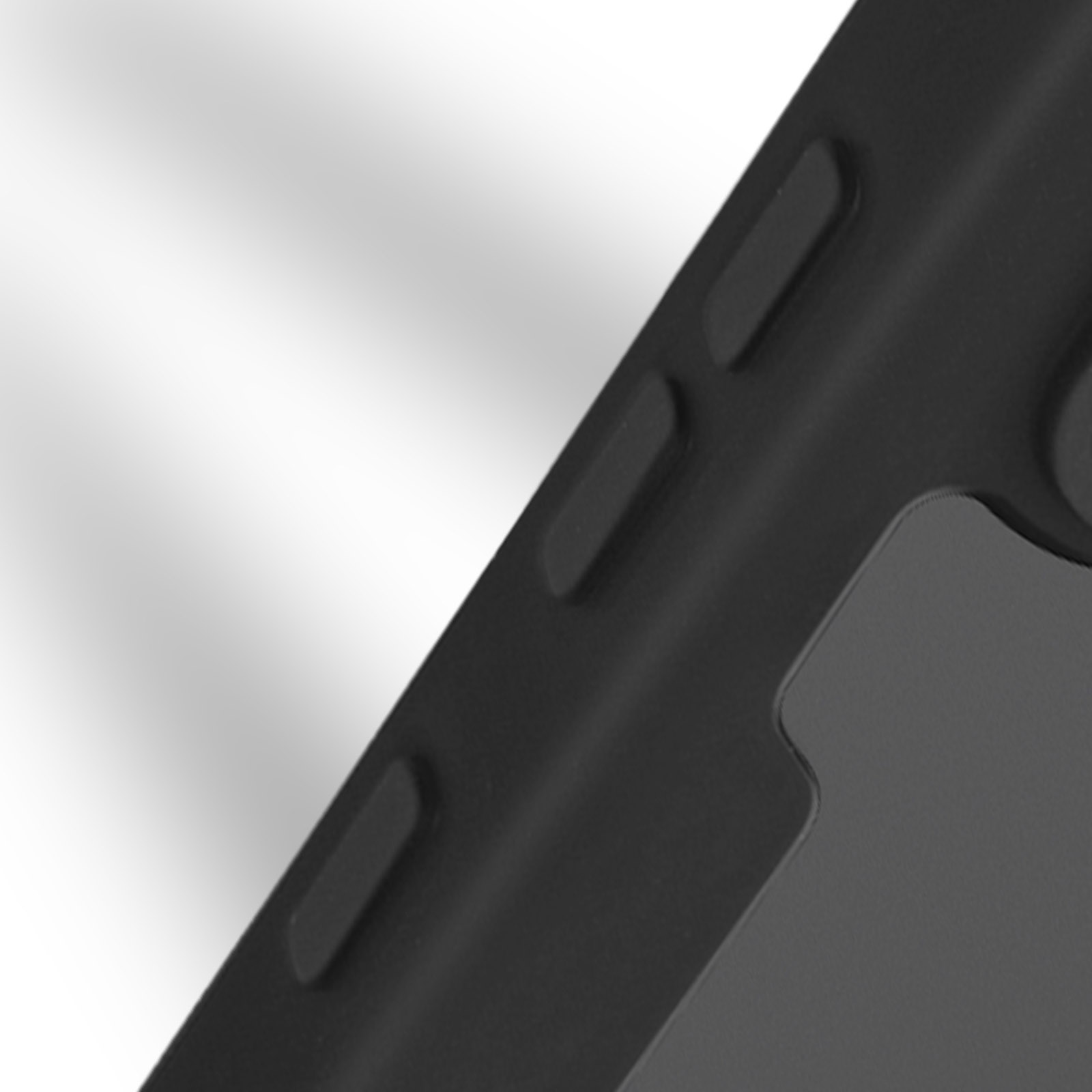 Zwarte telefoonknoppen. Er is een zwarte hoes en knoppen aan de zijkant van de telefoon.